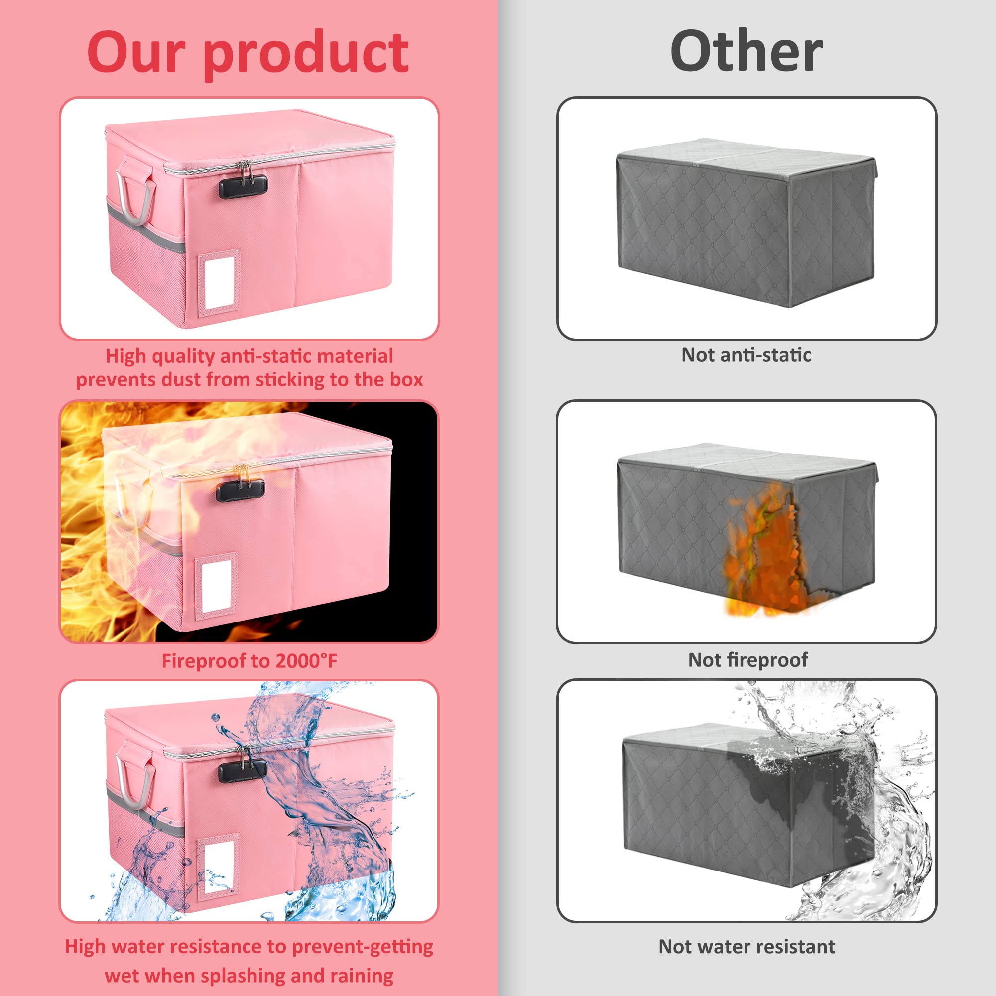 Fireproof Document Box with Lock - Portable File Organizer & Office Safe for Hanging Letter/Legal Folders (16.1 x 12.9 x 11 Inches, Pink) - Ideal for Home, Office & Emergency Document Storage