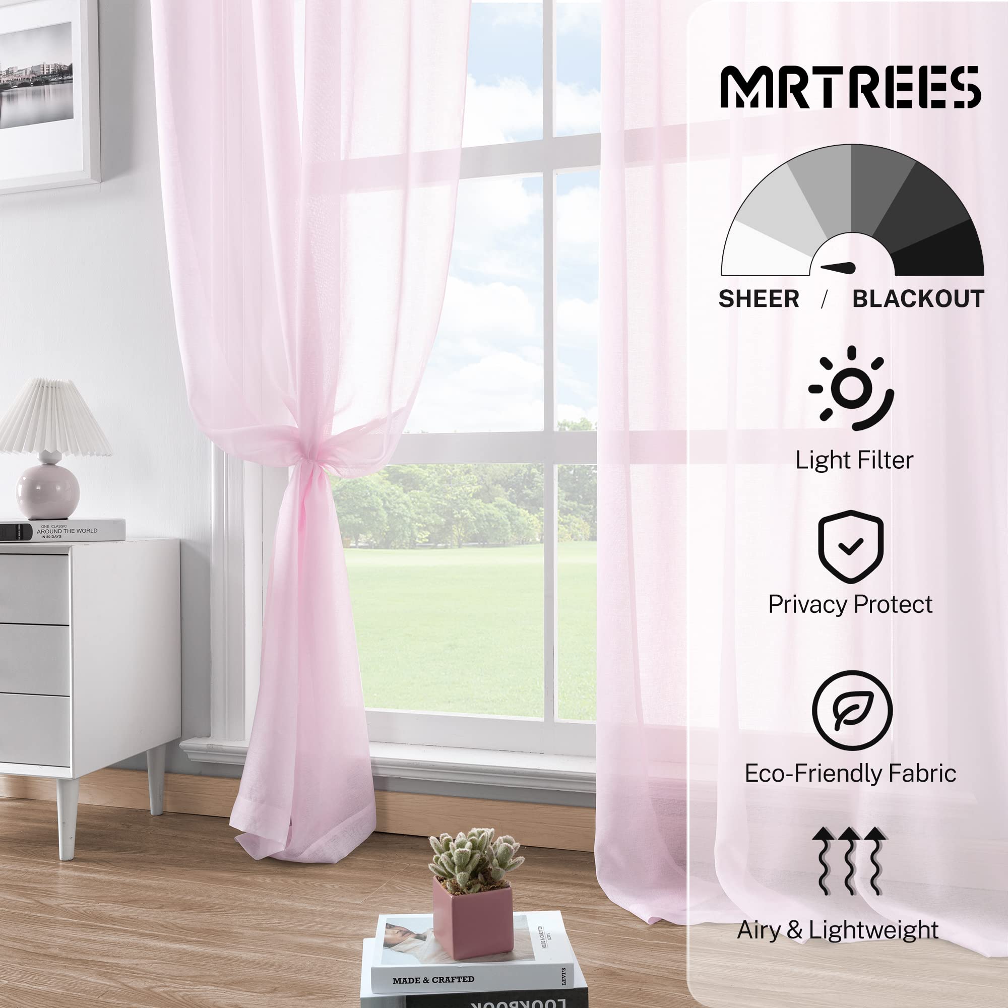 MRTREES Sheer Tier Curtains 24 Inches Long - Light Pink Voile Kitchen & Bathroom Window Panels, Semi-Transparent Light Filtering Cafe Curtains with Rod Pocket (Set of 2) - Perfect for Small Windows, Tiered Dressing Rooms, and Cozy Breakfast Nooks