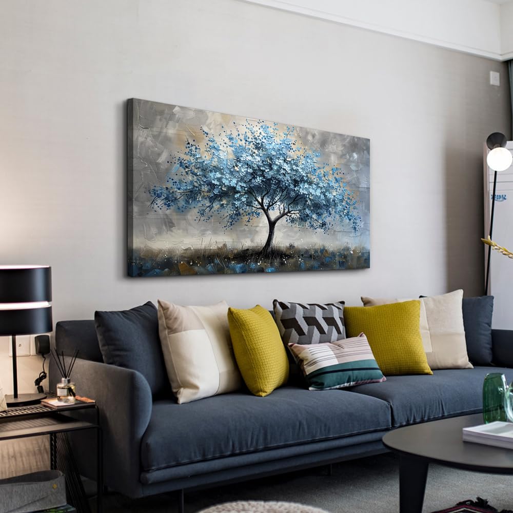 MHARTK66 Farmhouse Wall Art - Blue Tree Landscape Canvas Painting, Large Stretched & Framed Ready to Hang - Perfect for Living Room, Bedroom & Office Decor | Rustic Home Wall Decor for Modern Farmhouse, Apartment & Workspace