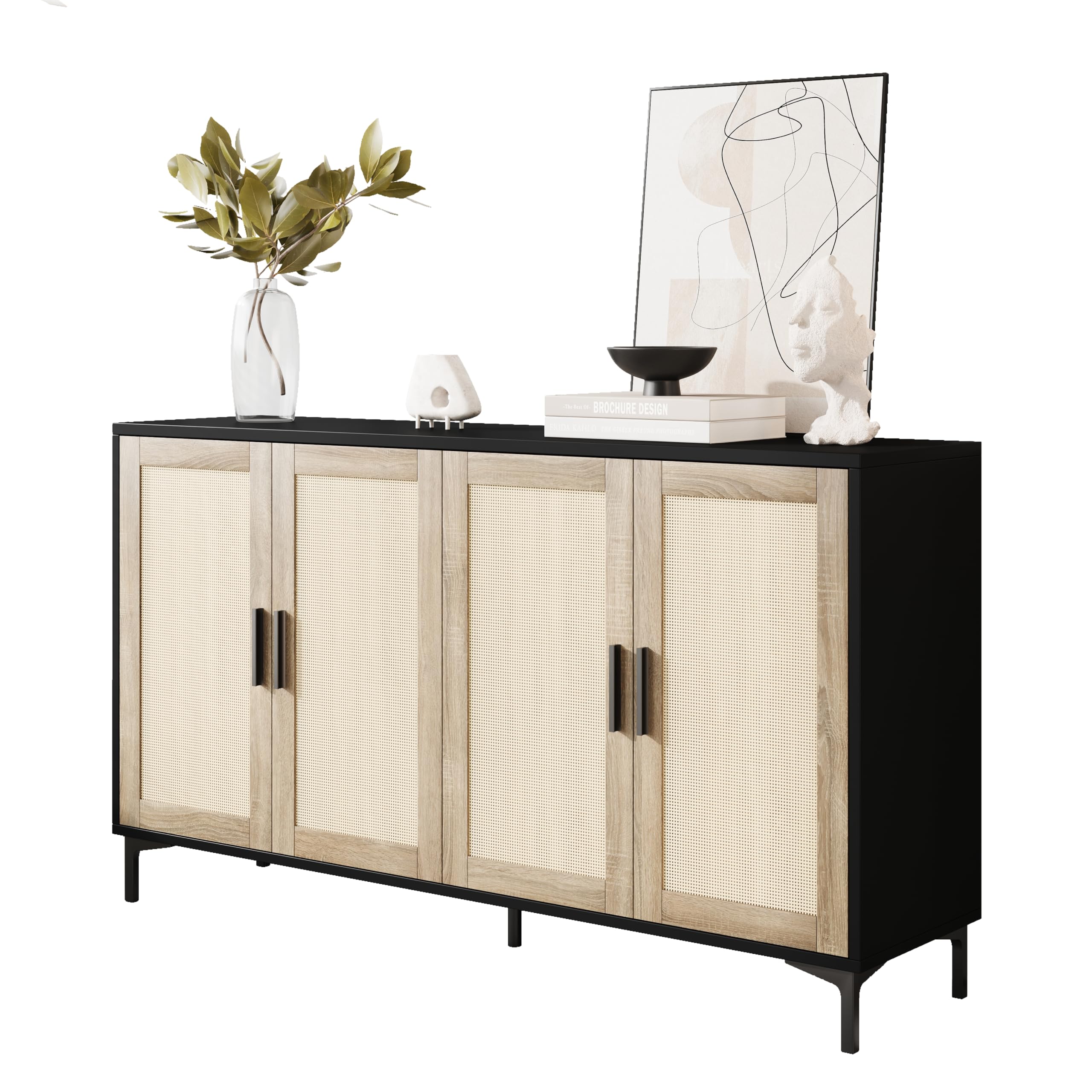 Rattan Sideboard Buffet Cabinet with Storage Doors - Modern Kitchen Coffee Bar Cabinet for Living Room, Entryway, Dining Room | Stylish Home Storage Solution for Dishes, Linens & Entertaining Essentials
