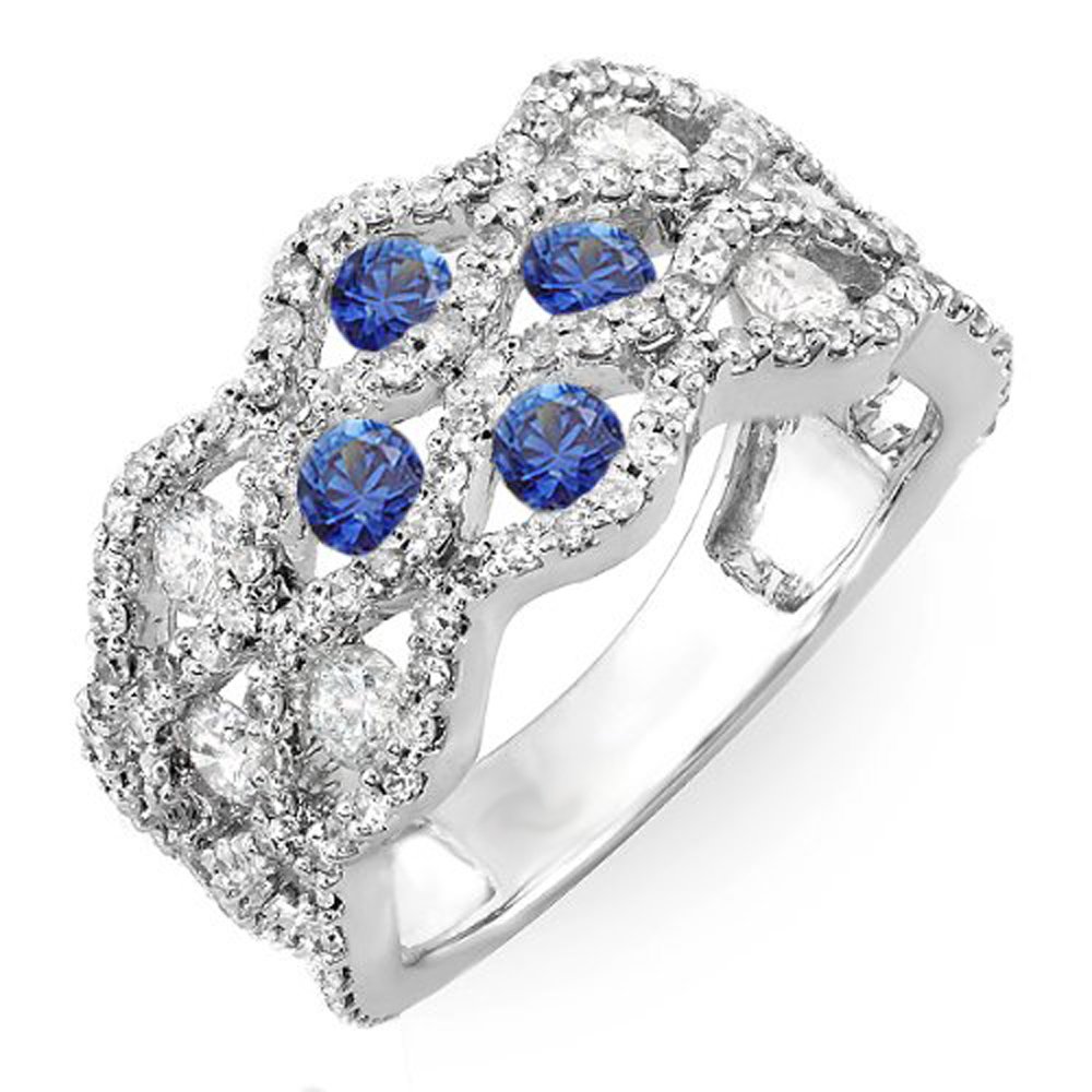 Dazzlingrock Collection 14K Solid White Gold Round White Diamond & Blue Sapphire Women's Cocktail Ring - Elegant Right Hand Ring for Parties, Weddings & Special Occasions