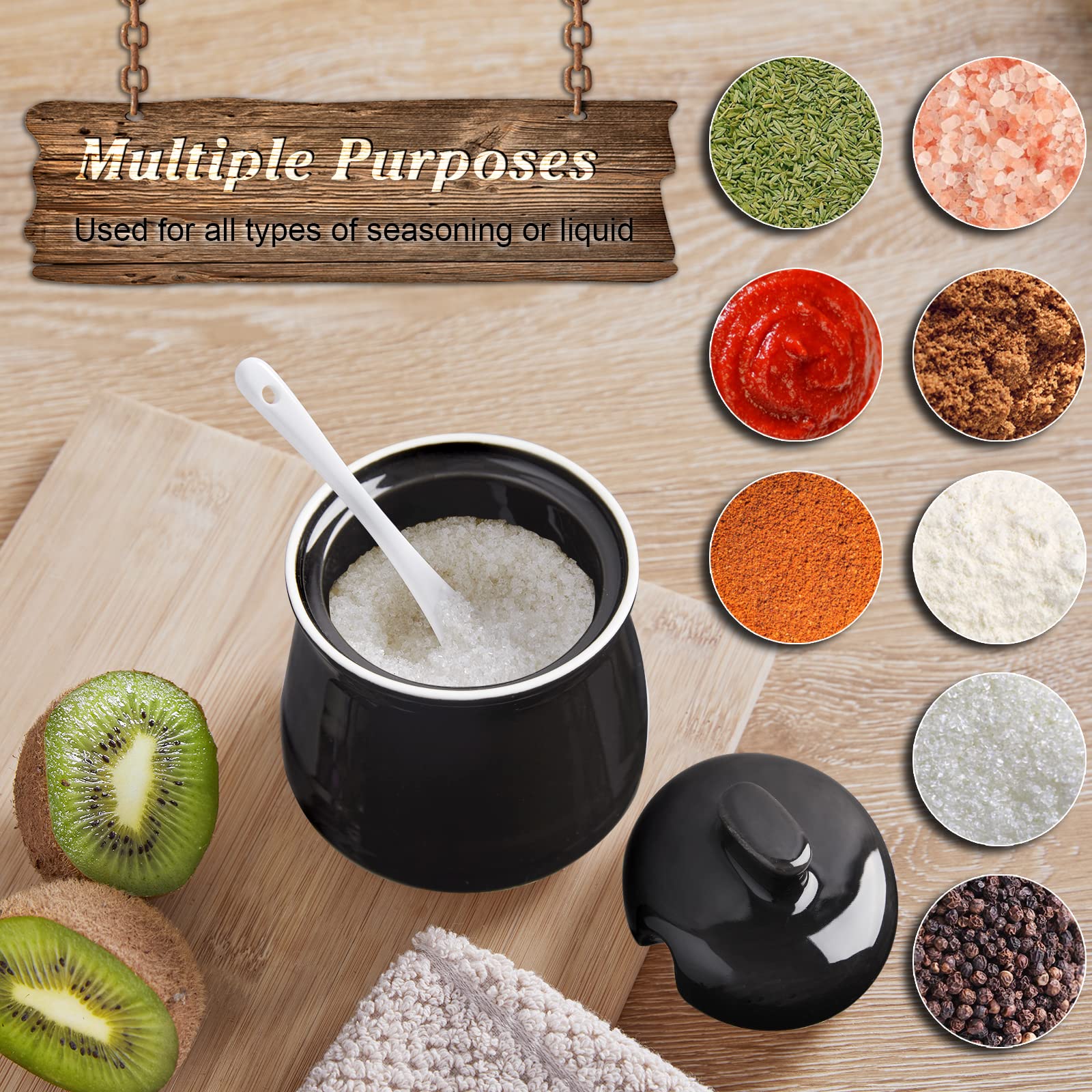 12 oz Ceramic Sugar Bowl with Lid and Spoon - Airtight Sugar Container for Coffee, Tea & Baking - Modern Black Sugar Jar for Kitchen Counter & Coffee Bar Decor