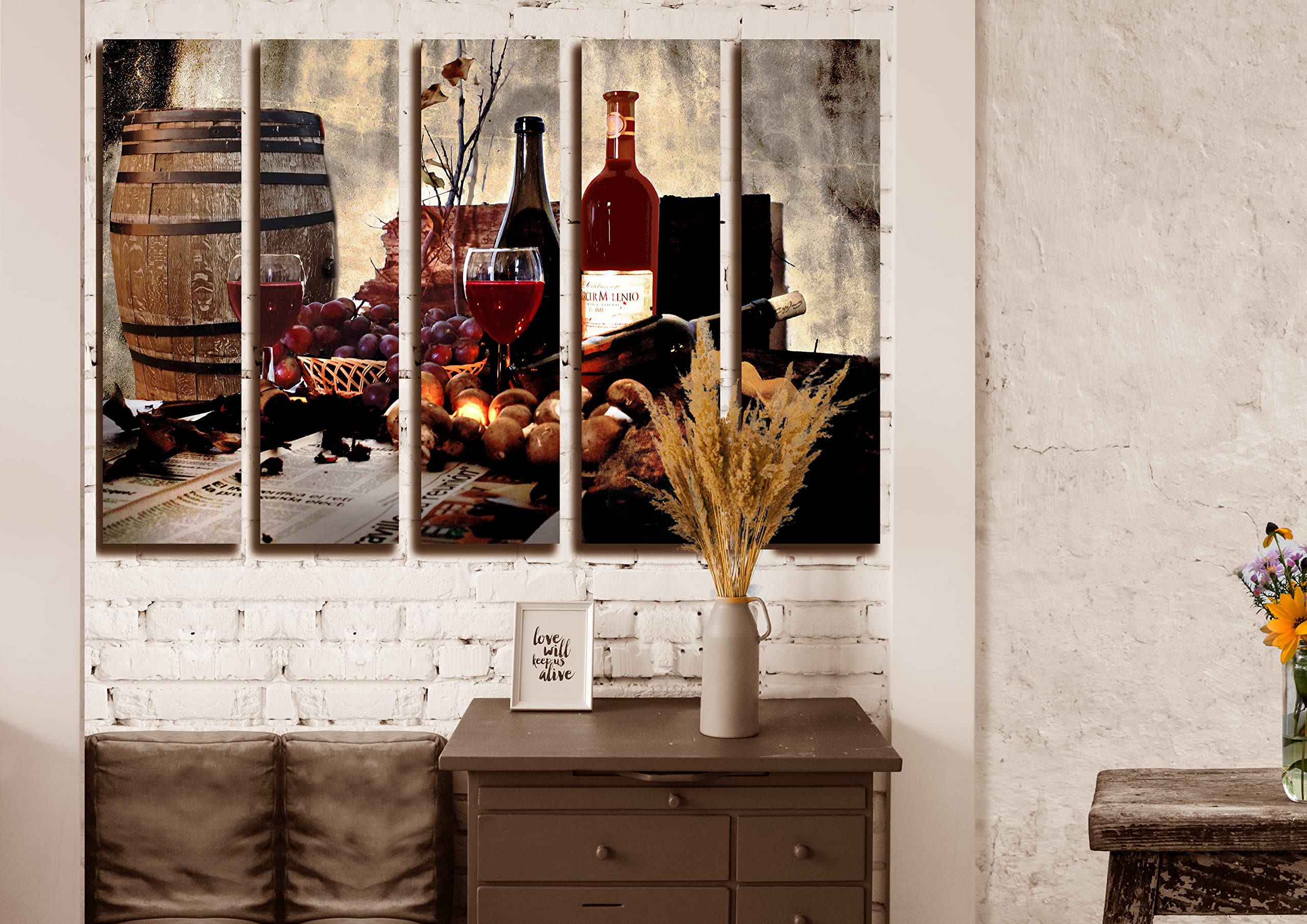 5-Piece Red Wine Barrel Wall Art Canvas Painting Set - Large 35x55 Inch Kitchen & Dining Room Decor - Rustic Wine Theme Poster Prints for Home Bar, Restaurant & Living Room Wall Decoration