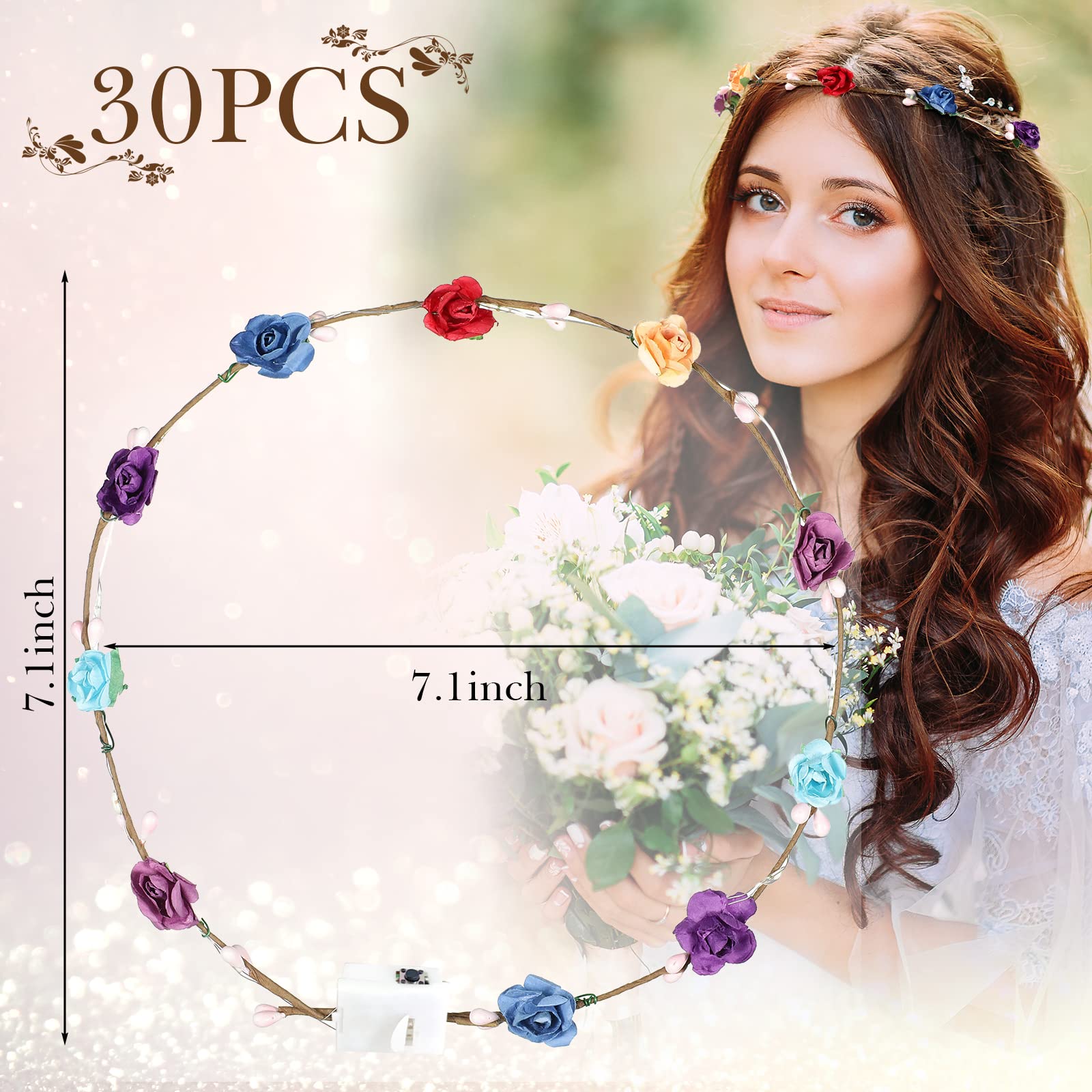70 Pcs LED Floral Crown Headband - Light Up Flower Wreath Hair Accessories for Women, Glow in the Dark Tiara for Wedding, Party, Festival & Cosplay | Perfect for Brides, Bachelorette, Halloween & Rave Events
