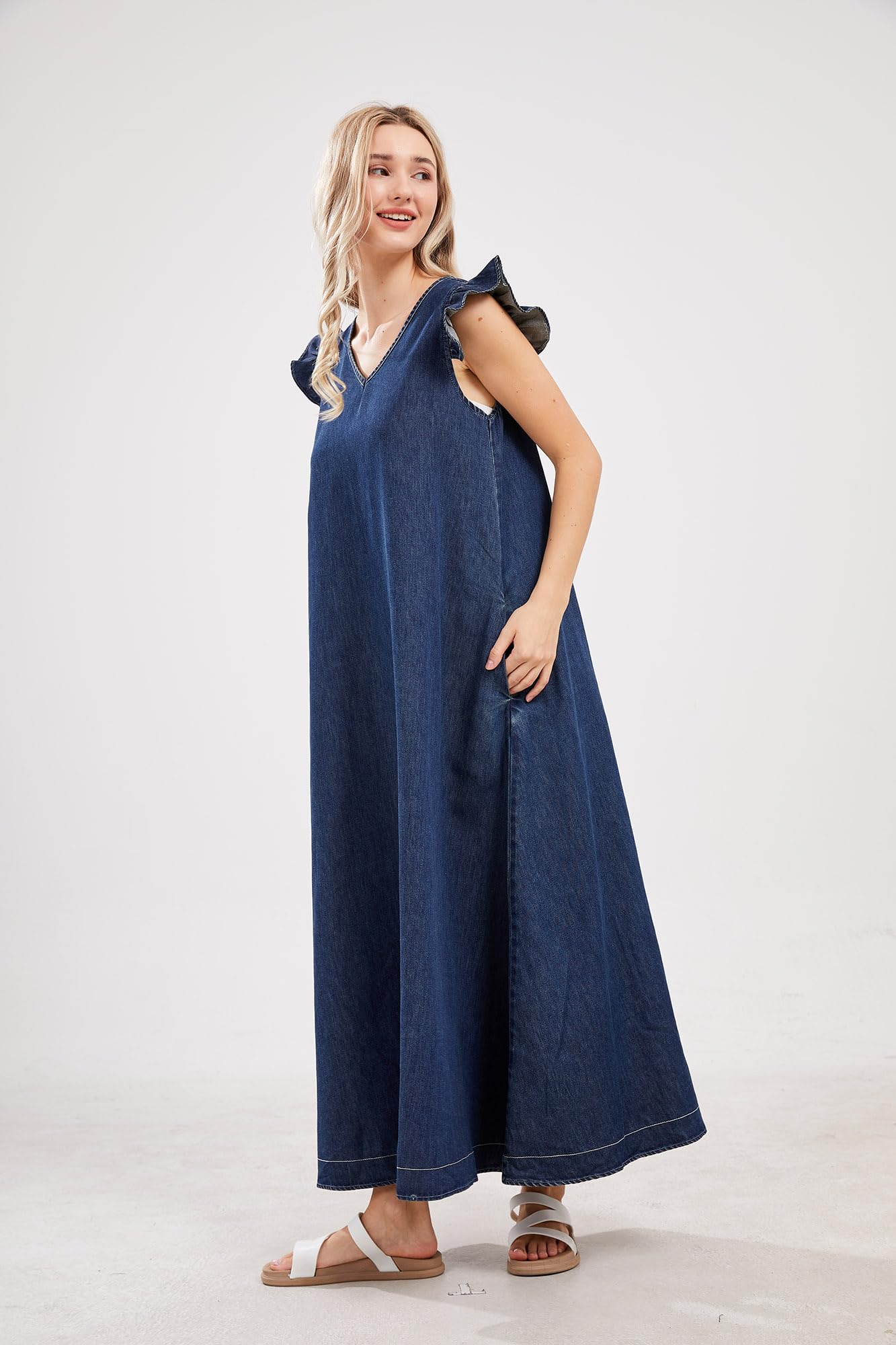 UTCoco Women's Long Denim Dress - Casual Loose Fit Ruffle Sleeveless V-Neck Jean Maxi Dress for Women 2025 | Perfect for Summer Outings, Beach Vacations & Casual Wear