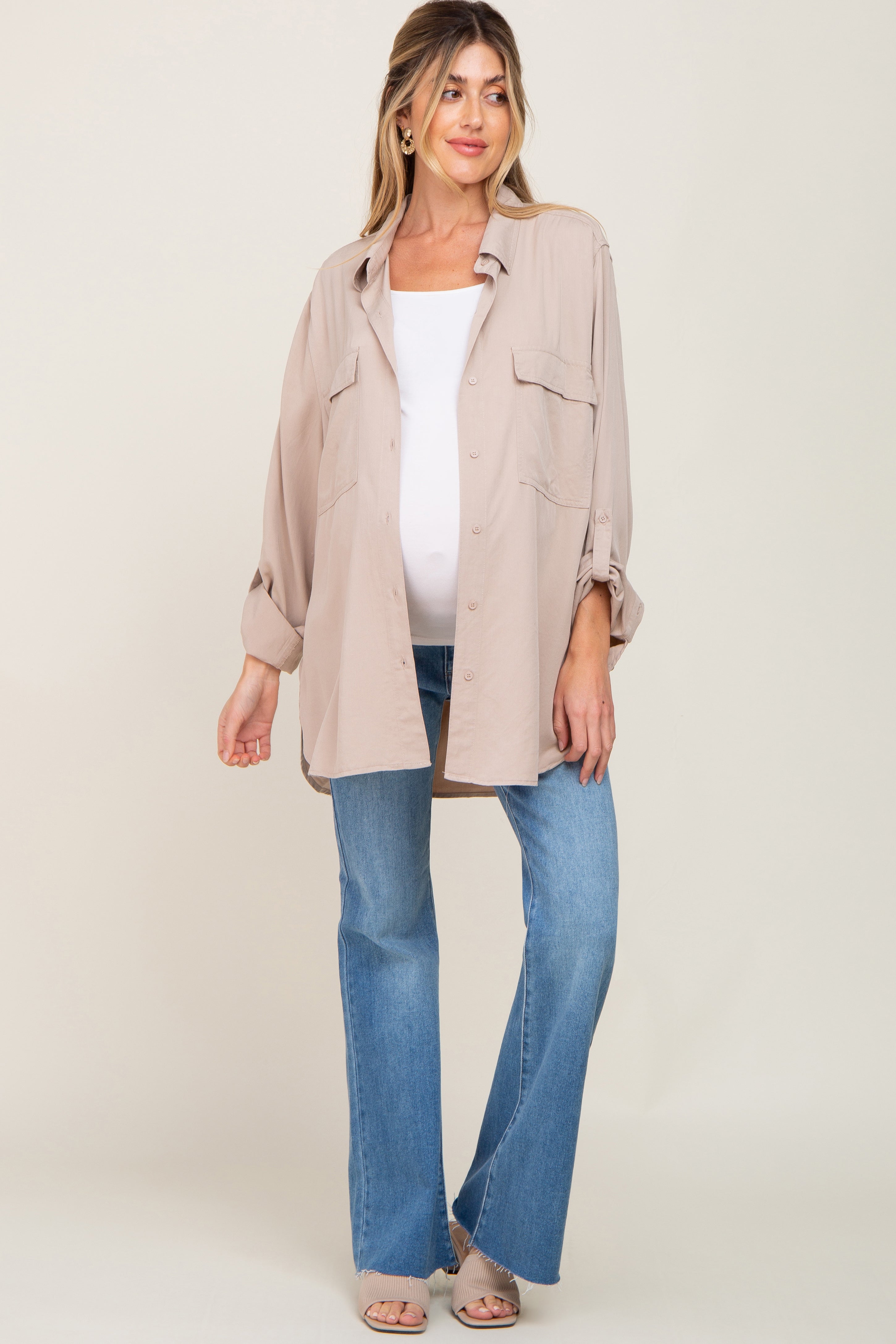 Beige Oversized Maternity Button Down Blouse for Women - Comfortable Pregnancy Shirt with Long Sleeves - Perfect for Work, Casual Wear & Nursing