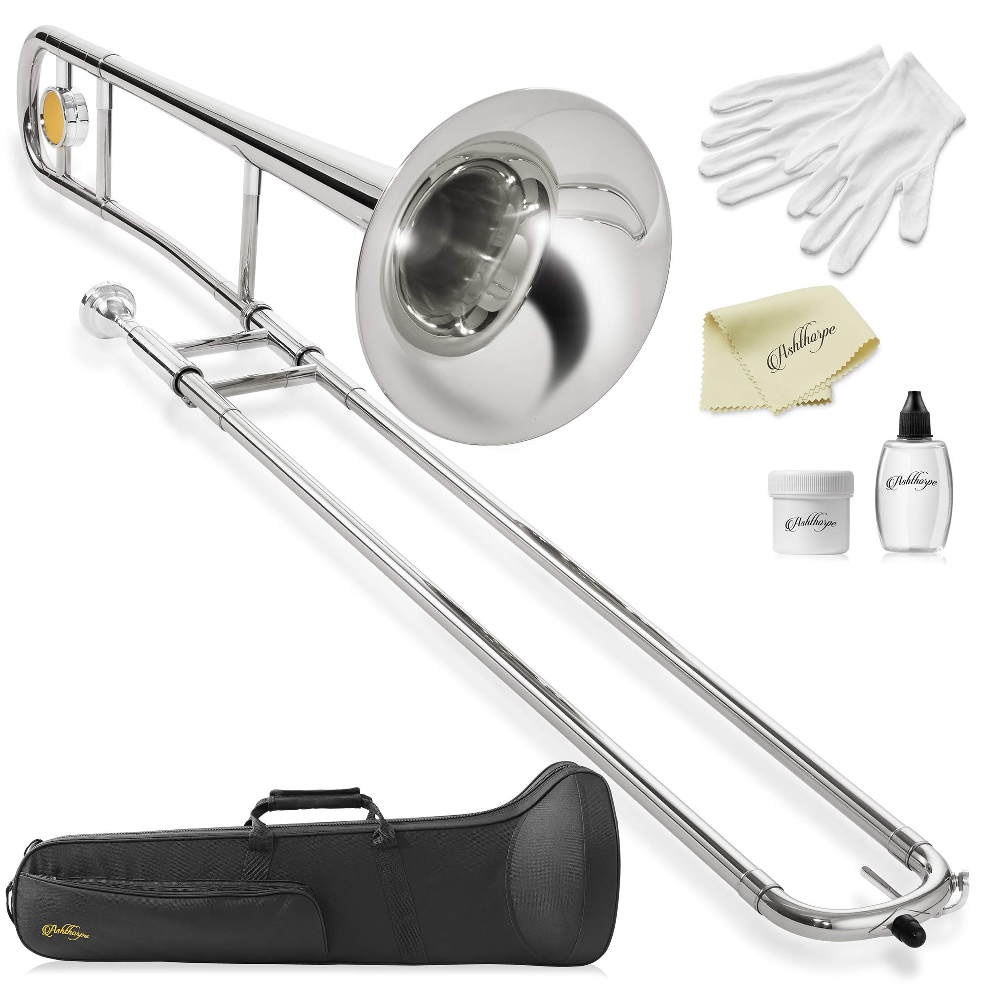 Ashthorpe Bb Tenor Slide Trombone with Nickel Plated Finish - Includes Case, Mouthpiece, Gloves & Cleaning Kit | Professional Brass Instrument for School Band, Jazz Ensemble & Orchestra Performances