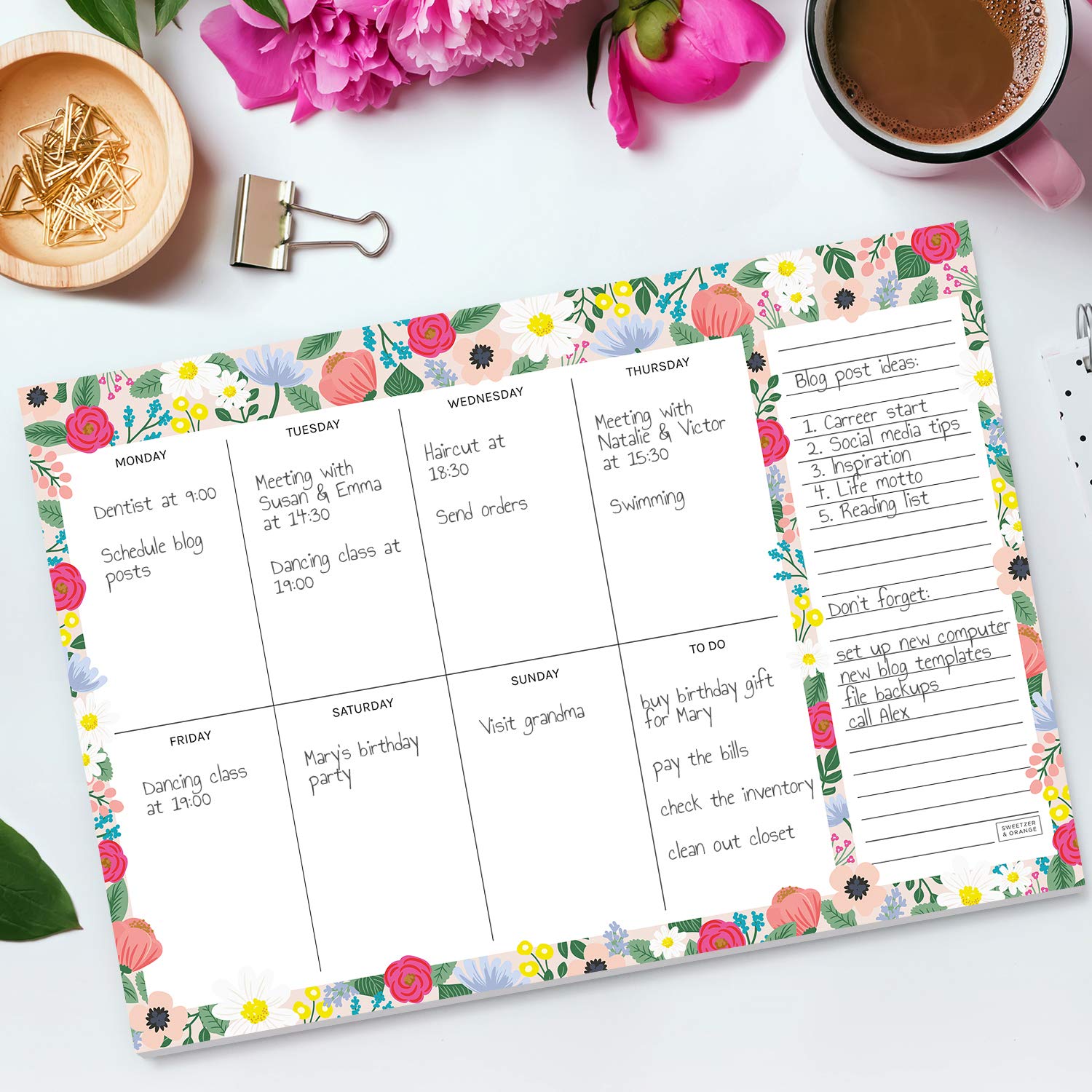 Sweetzer & Orange Floral Weekly Planner 2025 - Undated To-Do List Notepad with Easy-Tear Sheets | 7x10