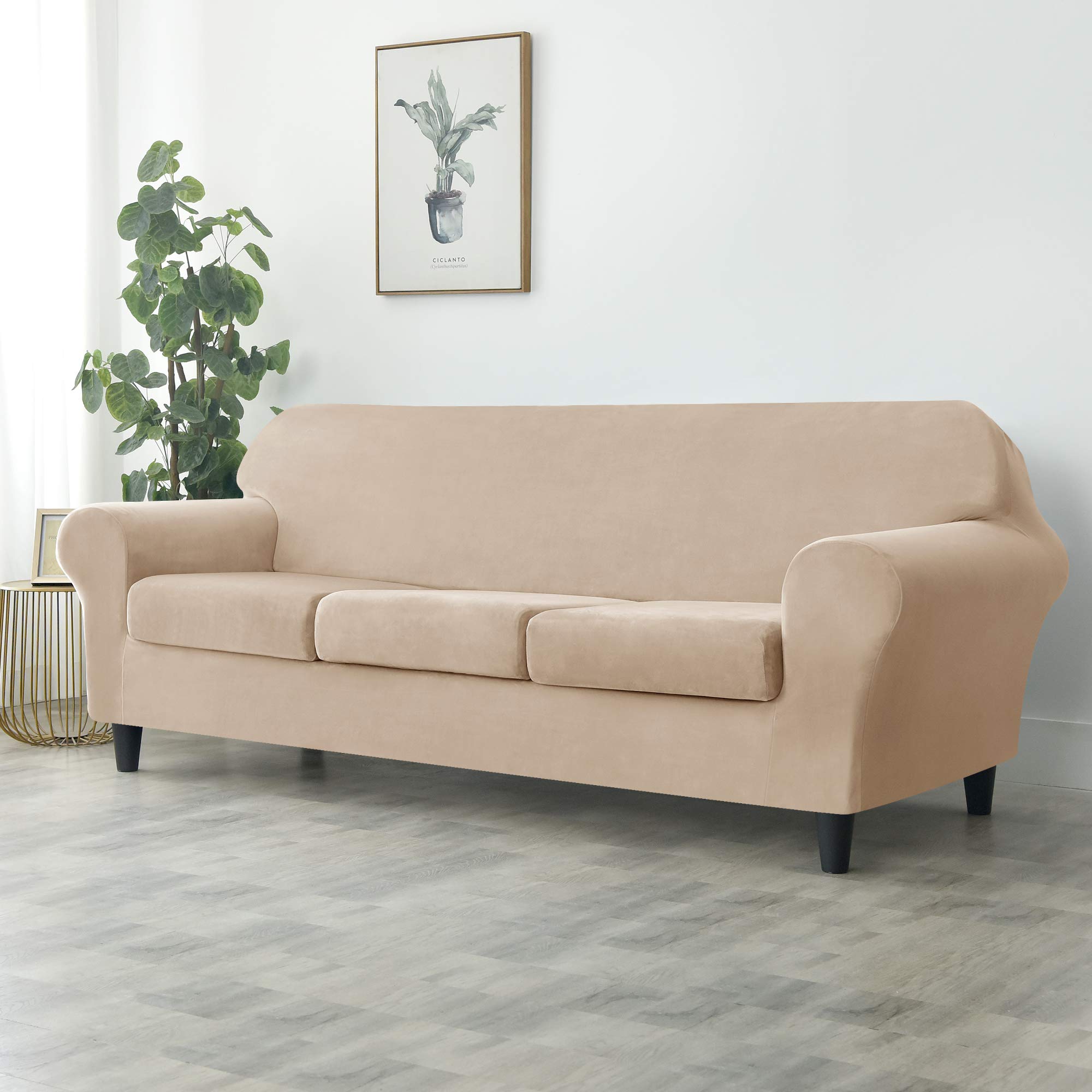 Stretch Sofa Slipcover - Ultra Soft Velvet Couch Cover for Pets & Kids | Furniture Protector in Beige Gray (Large) | Perfect for Living Room, Family Room & Pet-Friendly Homes
