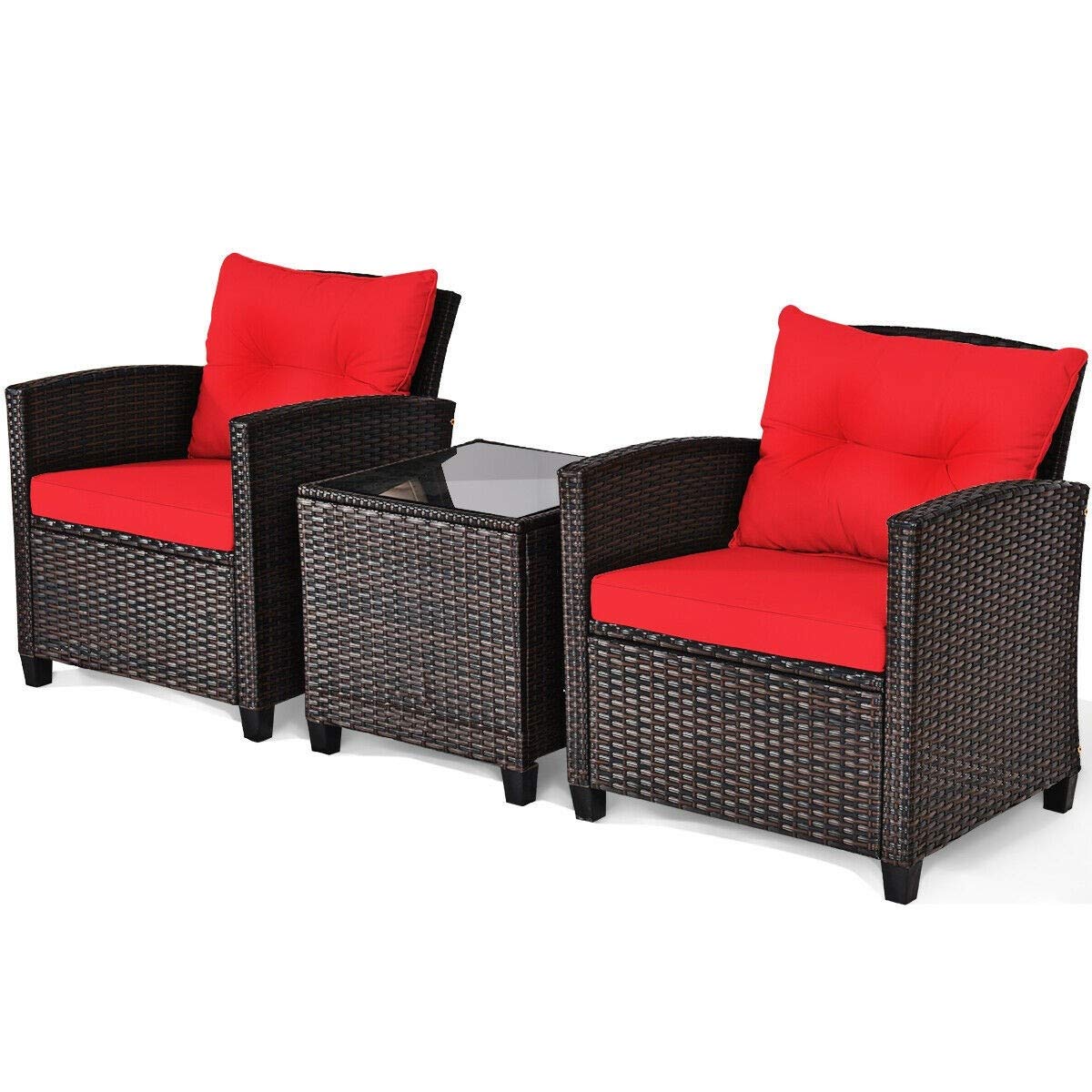 3-Piece Red Outdoor Patio Conversation Set with 2 Rattan Chairs & 1 Tempered Glass Coffee Table - Soft Cushions Included - Perfect for Backyard, Deck, Balcony, Poolside & Outdoor Living Spaces
