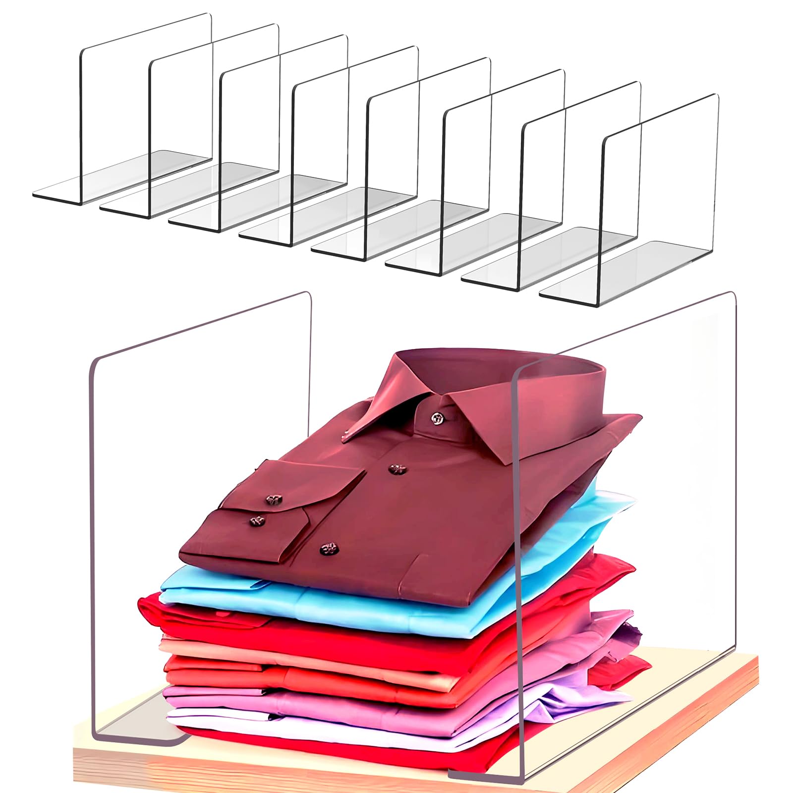 8-Pack Clear Acrylic Shelf Dividers for Closet Organization - Tall Closet Organizers for Clothes, Towels, Sweaters, Purses & Handbags - Perfect for Cabinet, Shirt and Wardrobe Storage (Great for Bedroom, Walk-in Closet and Retail Store Display)