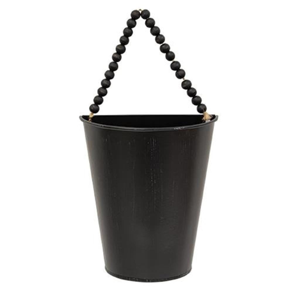 Distressed Black Metal Half Wall Bucket with Beaded Hanger - Rustic Farmhouse Decor for Bathroom, Kitchen or Outdoor Garden Storage