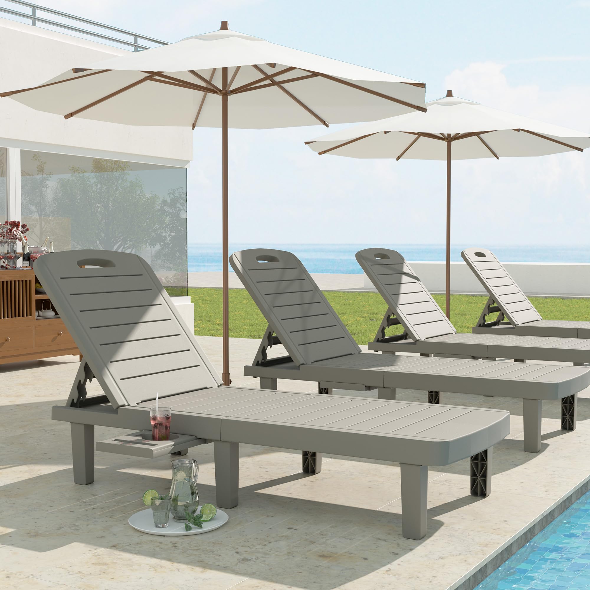 UDPATIO Oversized Waterproof Resin Pool Lounge Chairs Set of 2 - Adjustable 5-Level Backrest Outdoor Chaise Lounge with Cup Holder Tray - Perfect for Patio, Lawn, Beach, Backyard, Deck and Poolside Relaxation