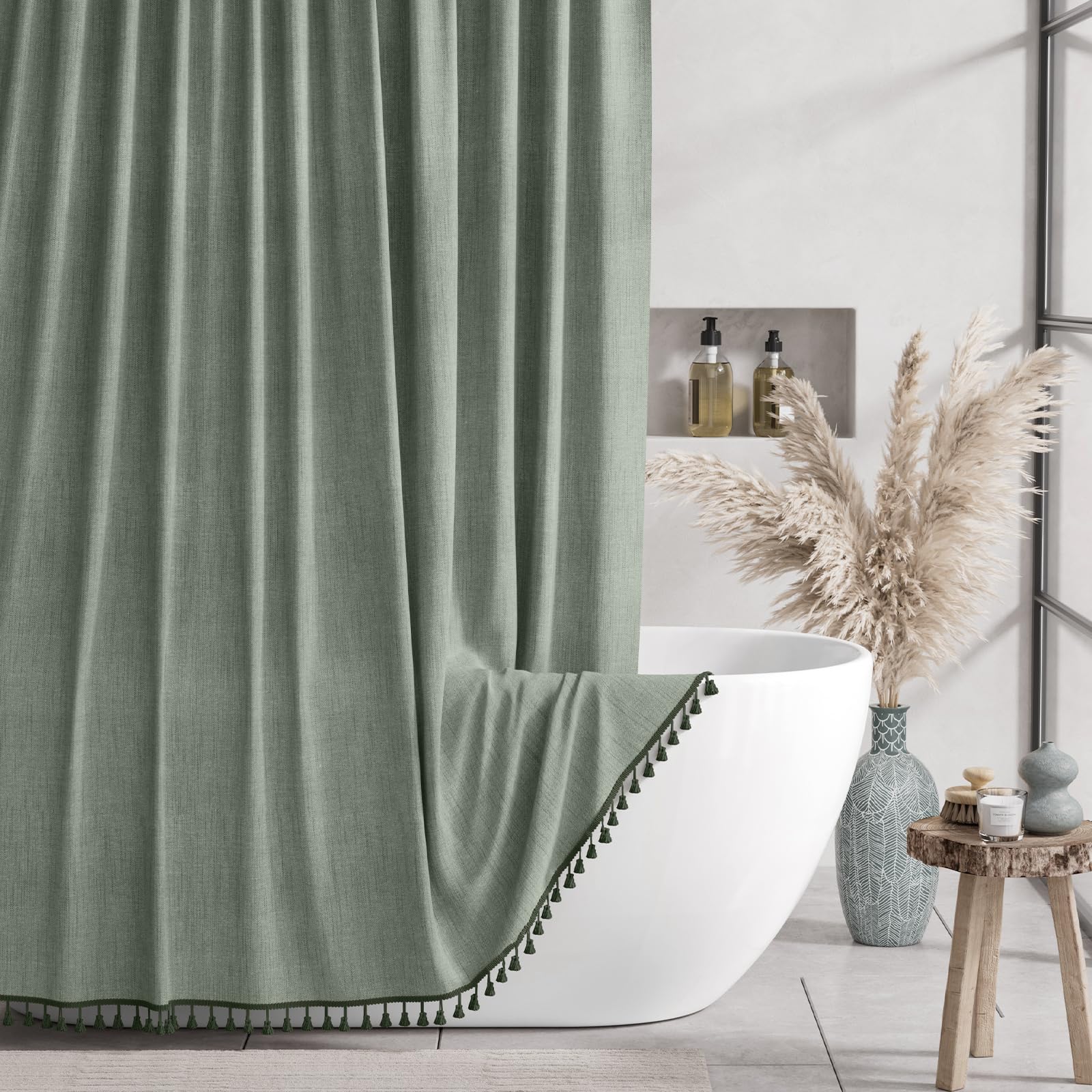 AmazerBath Boho Farmhouse Shower Curtain with Tassels - Sage Green Faux Linen Fabric Bathroom Curtain Set with 12 Hooks (72x72 Inches) - Hotel Quality Waterproof Shower Curtain for Vintage, Rustic or Bohemian Style Bathrooms