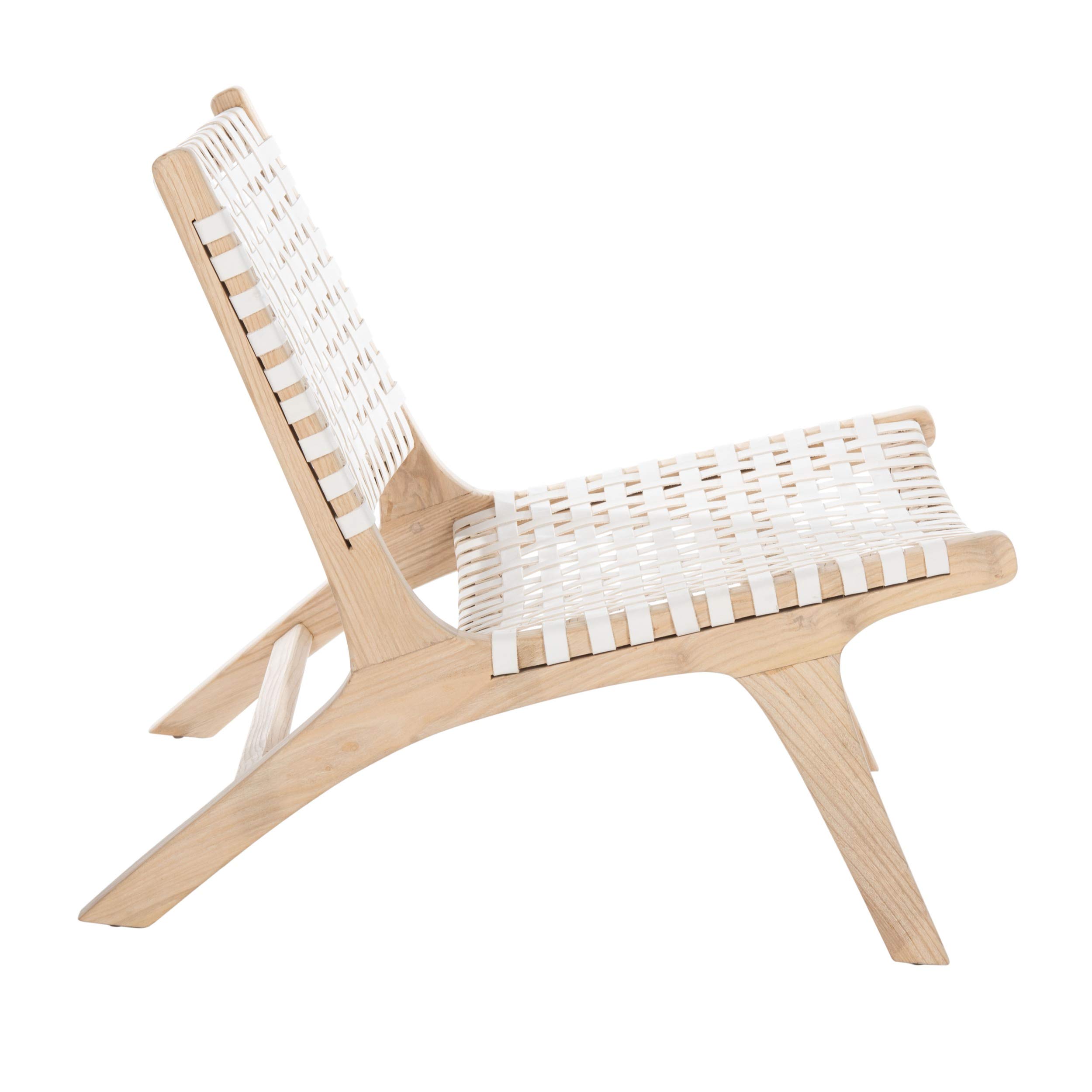 Safavieh Home Luna Natural & White Leather Woven Accent Chair - Modern Living Room, Bedroom, Office Decor - Stylish Seating for Home & Workspace