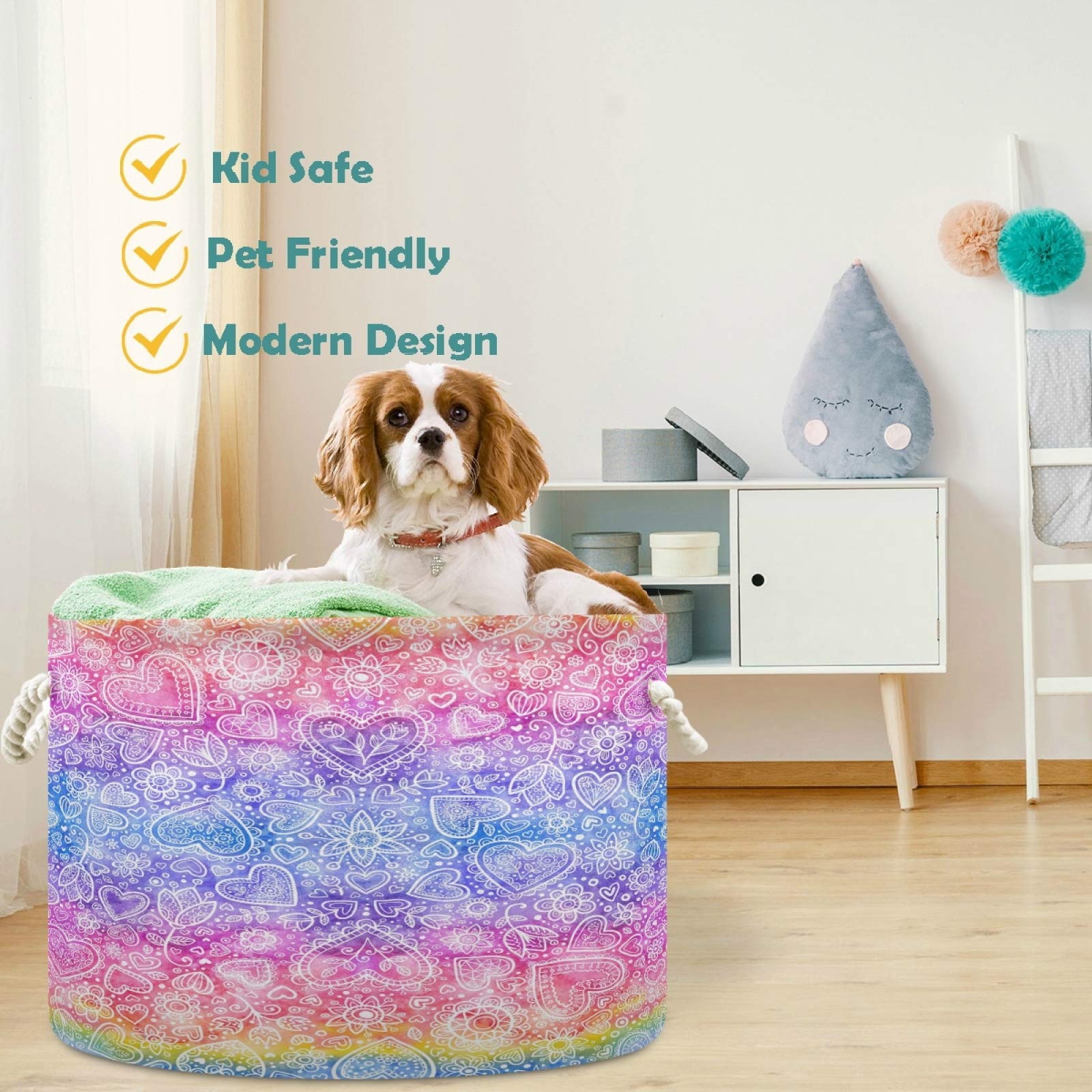 Visesunny Rainbow Heart Storage Basket - Canvas Fabric Toy Organizer, Nursery Hamper, Laundry Bin for Kids Room, Playroom, Shelves - Perfect for Toy Storage, Gift Basket & Home Organization