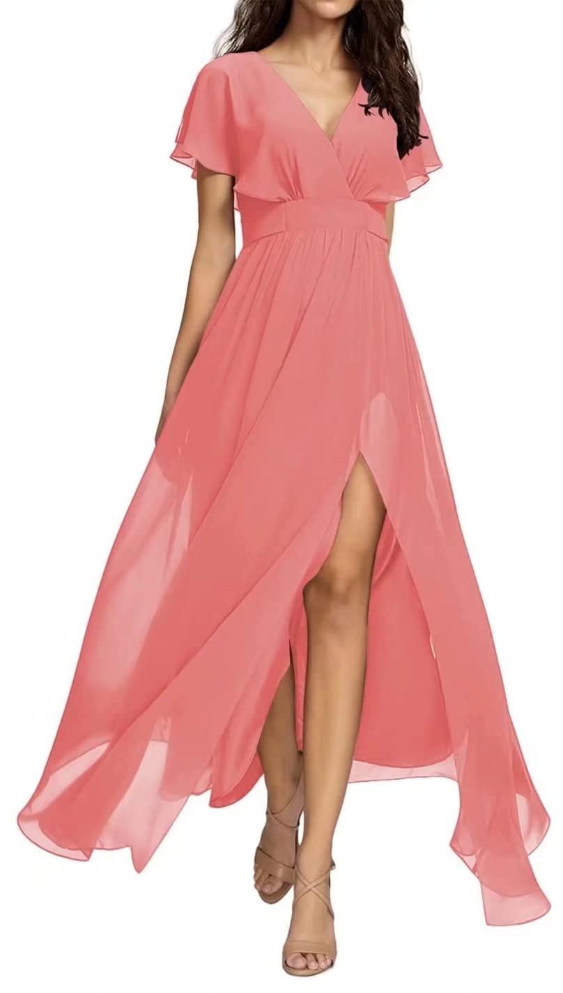 Elegant Yadressy Bridesmaid Dresses with High Slit & Ruffle Sleeves - Chiffon Maxi A-Line Formal Gown for Women | Perfect for Evening Parties, Weddings & Special Occasions