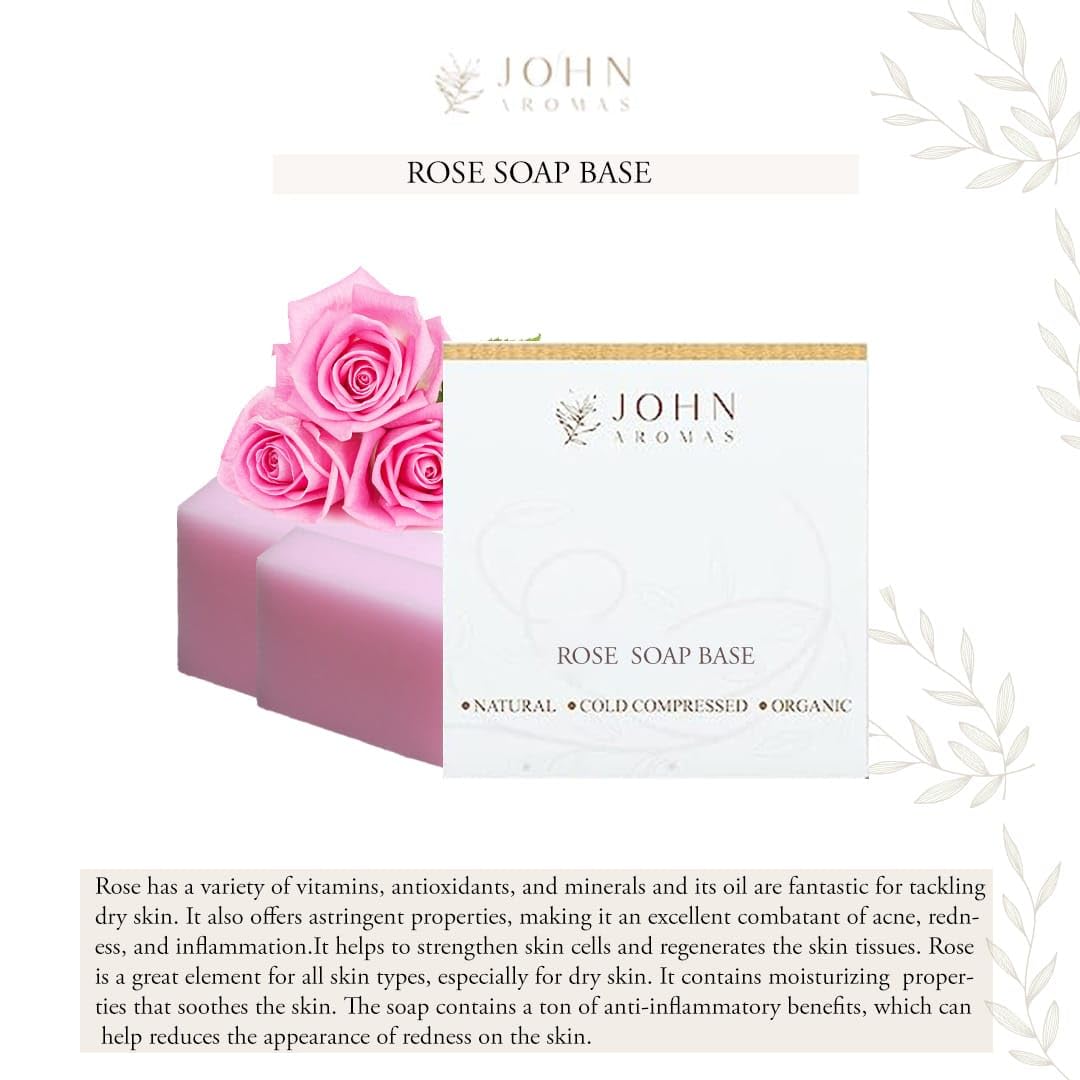 **JOHN AROMAS Rose Soap Base | Moisturizing & Nourishing Handmade Soap for Normal Skin | Exfoliates Dead Skin Cells & Enhances Beauty | 1 KG Bar for Bath, Shower & Gift**