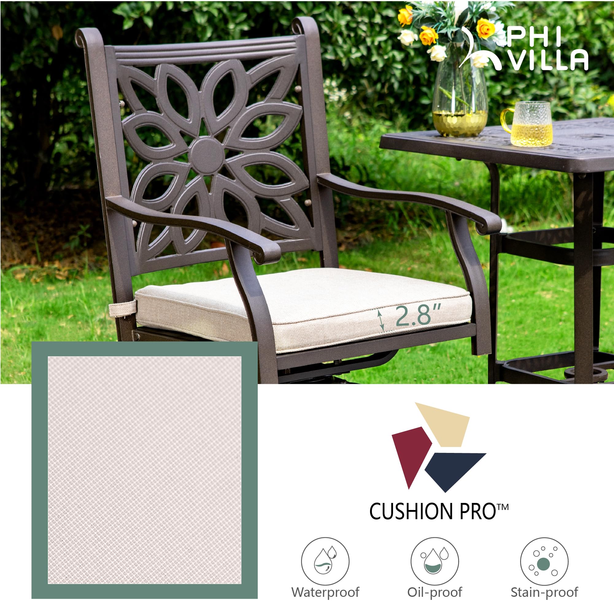 PHI VILLA 3-Piece Outdoor Patio Furniture Set - Swivel Bar Stools & Table, Cast Aluminum Bistro Set for Deck, Lawn, Garden & Backyard - Perfect for Outdoor Dining, Entertaining & Relaxing