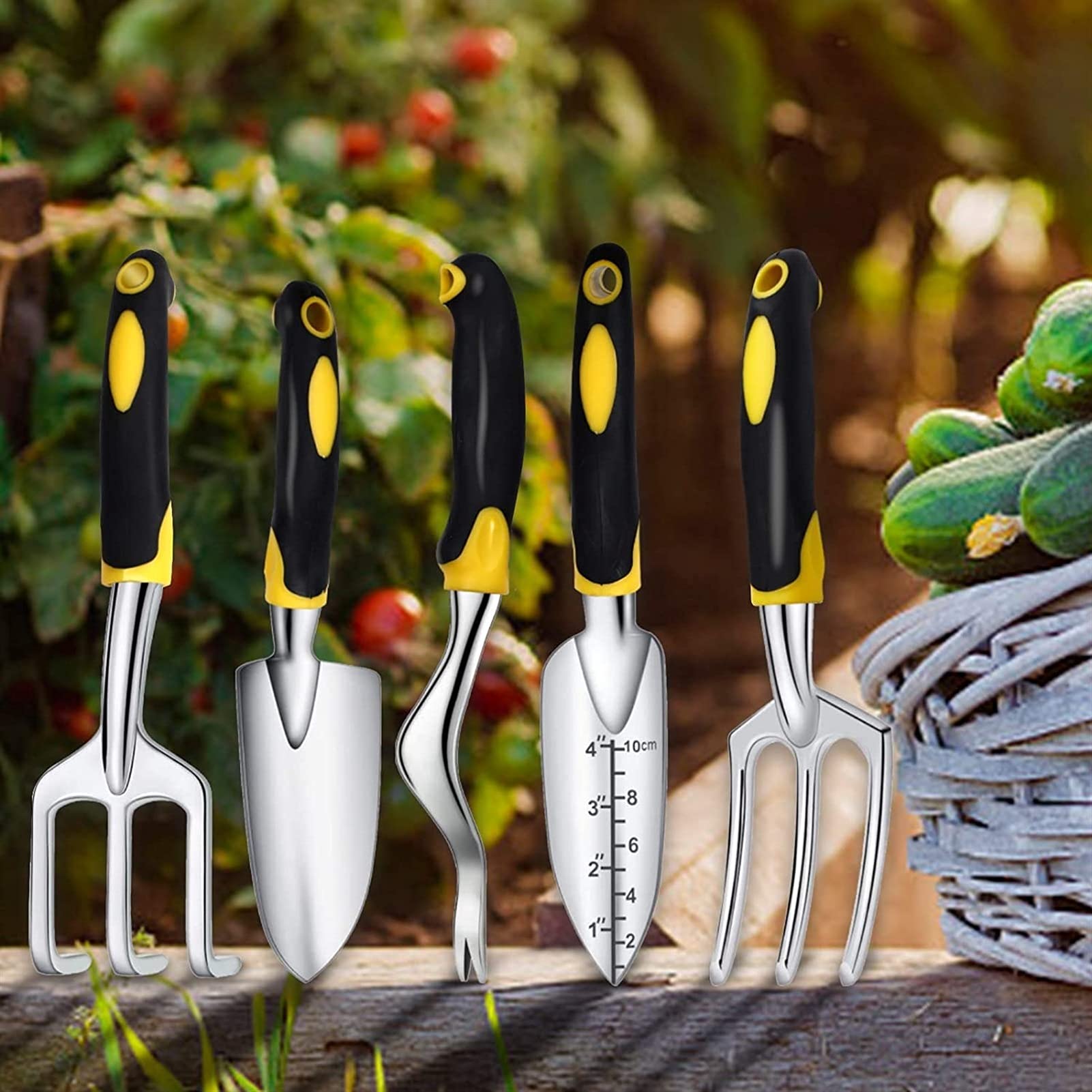 CRMY 5-Piece Aluminum Garden Tool Set with Ergonomic Rubber Handles - Durable Hand Tools for Planting, Weeding & Outdoor Gardening | Perfect for Backyard, Flower Beds & Vegetable Gardens
