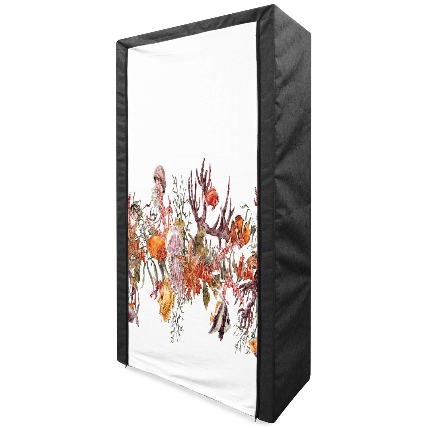 Ambesonne Sea Animals Portable Fabric Wardrobe - Fish, Seaweed, Starfish, Coral & Jellyfish Print Clothing Organizer with Shelves, 33.5