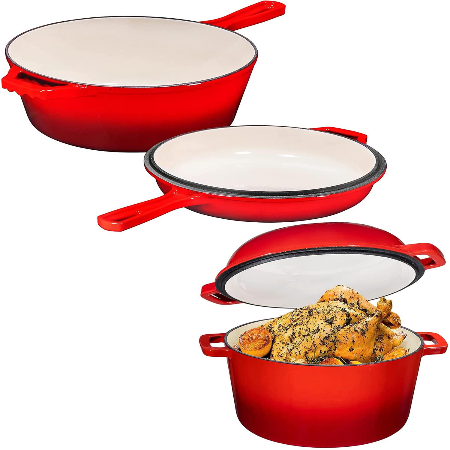 2-in-1 Enameled Cast Iron Dutch Oven with Skillet Lid - 5 Quart Fire Red Cookware for Induction, Gas, Electric & Oven Use - Bruntmor Multi-Cooker for Braising, Baking, Frying & Camping Cooking