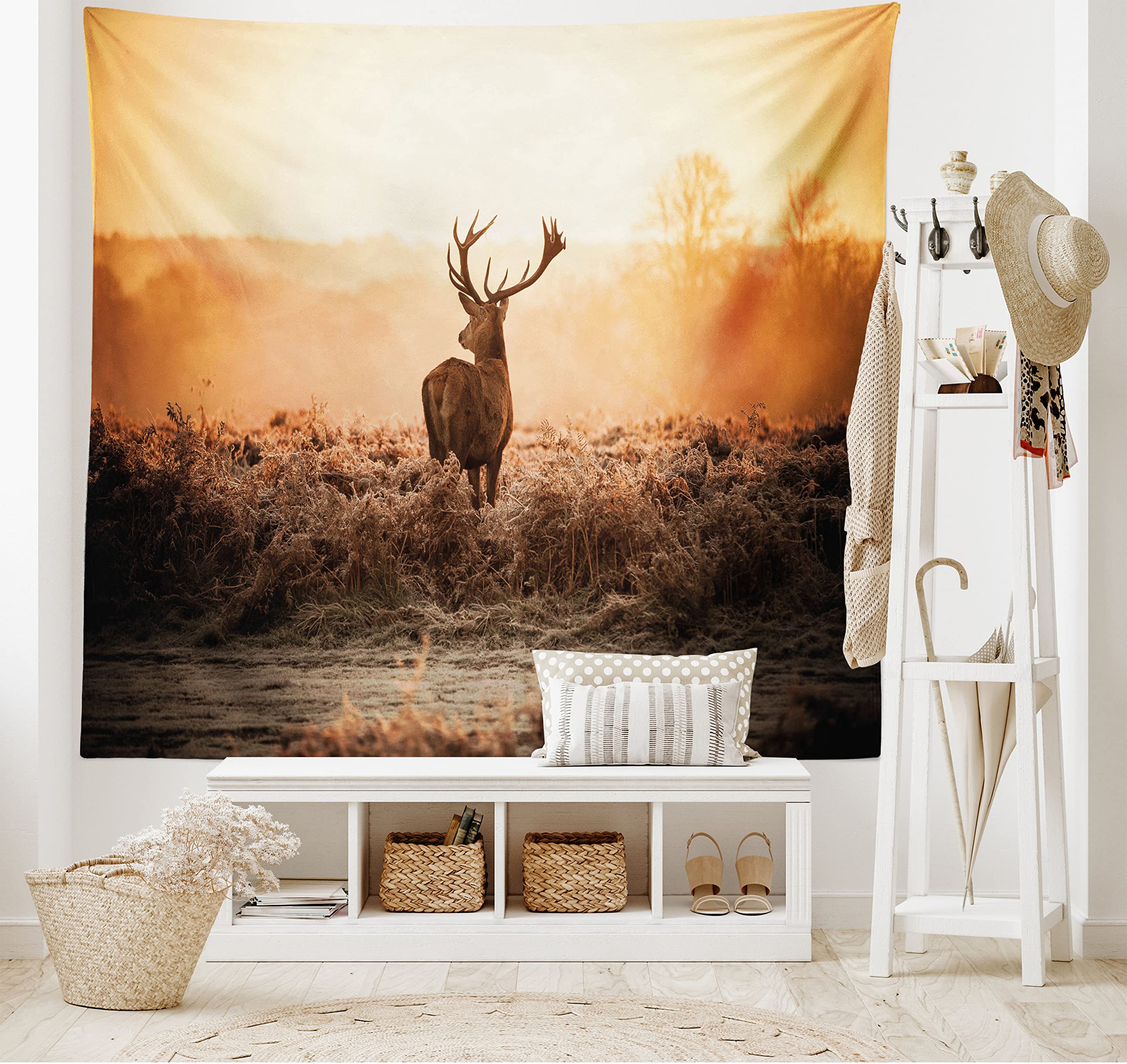 Ambesonne Hunting Tapestry - Red Deer in Morning Sun Wilderness Nature Scenery Wall Art Decor for Bedroom, Living Room, Dorm | 28x23 Inch Brown Orange Fabric Hanging | Perfect for Cabin, Lodge, Hunting Cabin & Rustic Home Decor