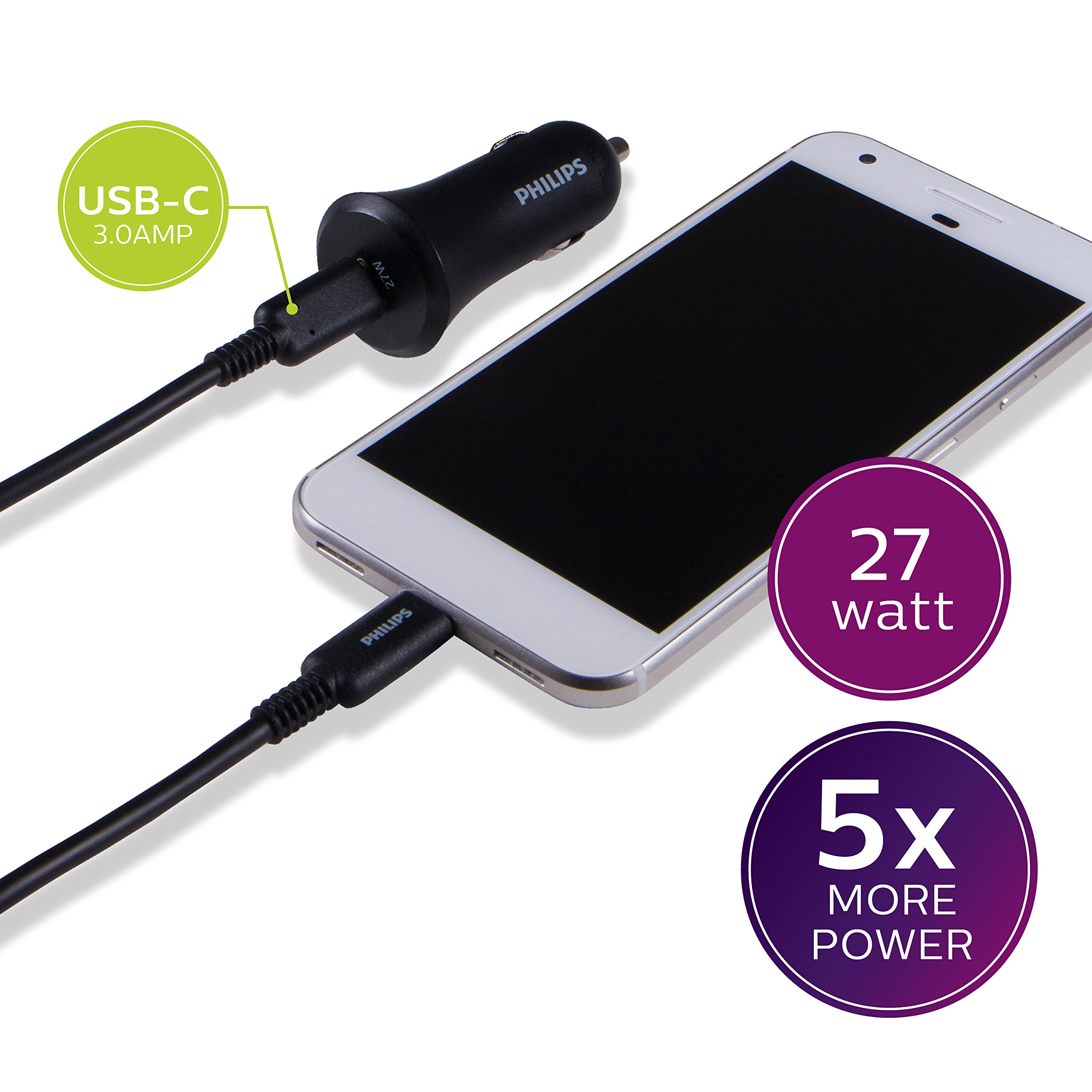 Philips 27W USB C Car Charger Fast Charging Adapter - Dual Port Cigarette Lighter Phone Charger for iPhone 16/15 Series, Samsung Galaxy, iPad & More - Perfect for Road Trips & Daily Commute (Black, DLP2559Q/37)