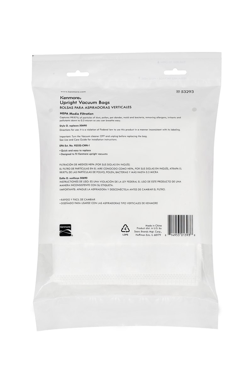 Kenmore 53293 HEPA Vacuum Bags for Kenmore Upright Vacuum Cleaners - 2 Pack, White | Dust & Allergen Removal for Home Cleaning