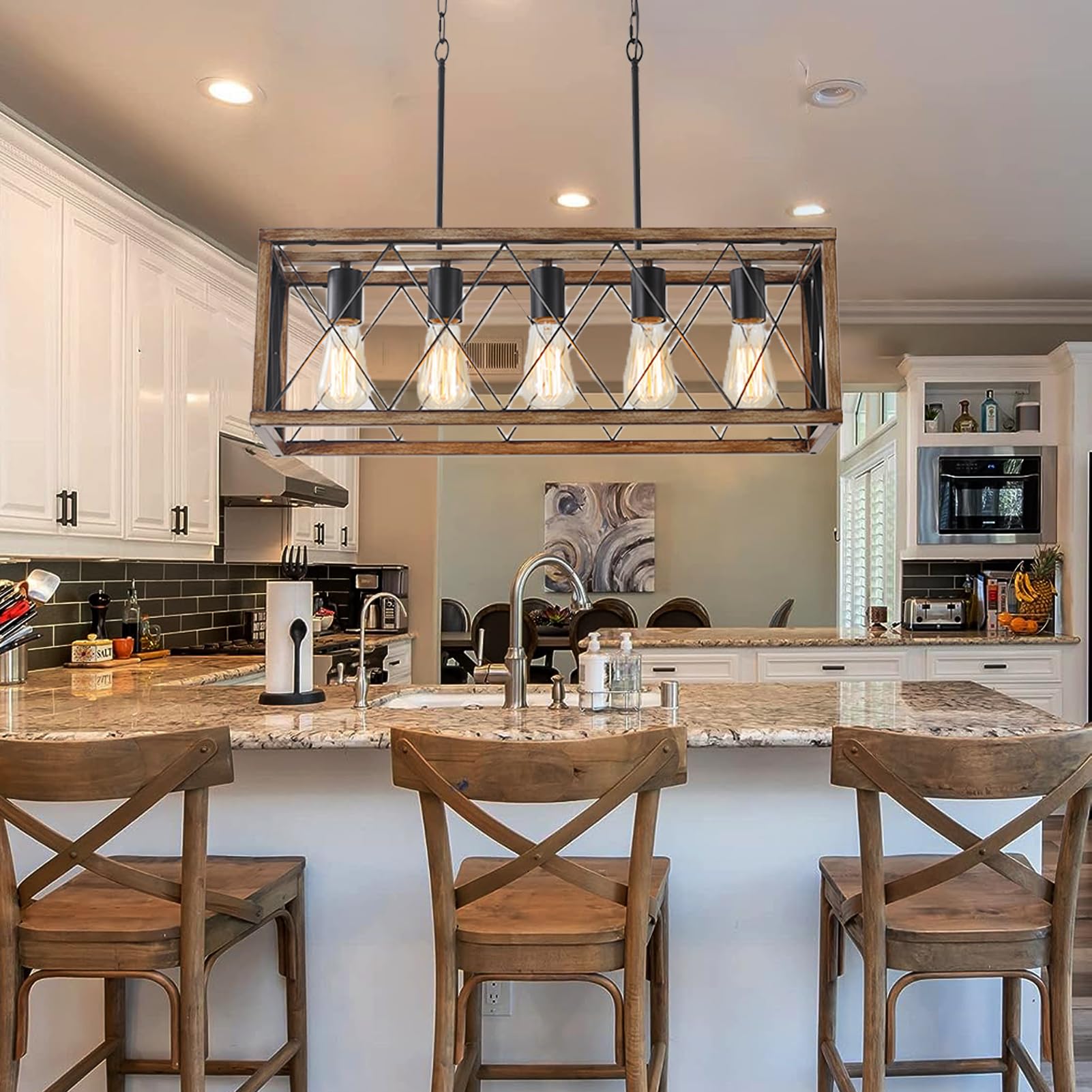 Farmhouse 5-Light Adjustable Height Dining Room Chandelier - Industrial Metal Kitchen Pendant Lighting for Island, Table & Sink - Wood Grain Finish - Perfect for Rustic Kitchens, Dining Areas & Farmhouse Decor