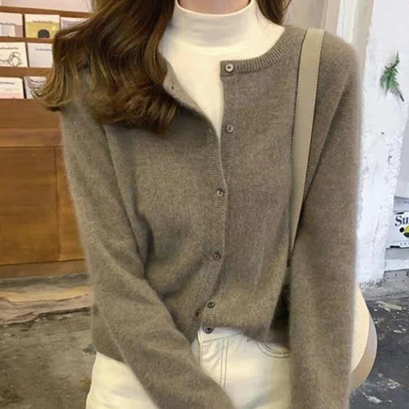 Solid Color Knitted Cardigan Round Neck Sweater for Women - Cozy Casual Pullover for Fall & Winter - Perfect for Office, Dating, and Travel