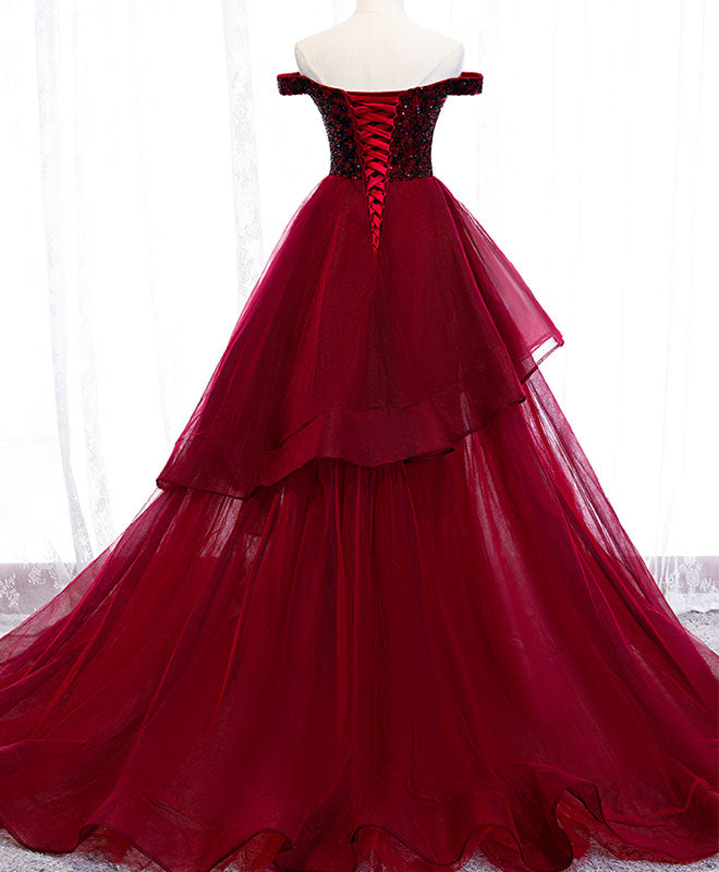 Burgundy Sweetheart Off Shoulder Tulle Long Prom Dress for Women - Elegant Formal Gown for Homecoming, Evening Party & Special Occasions