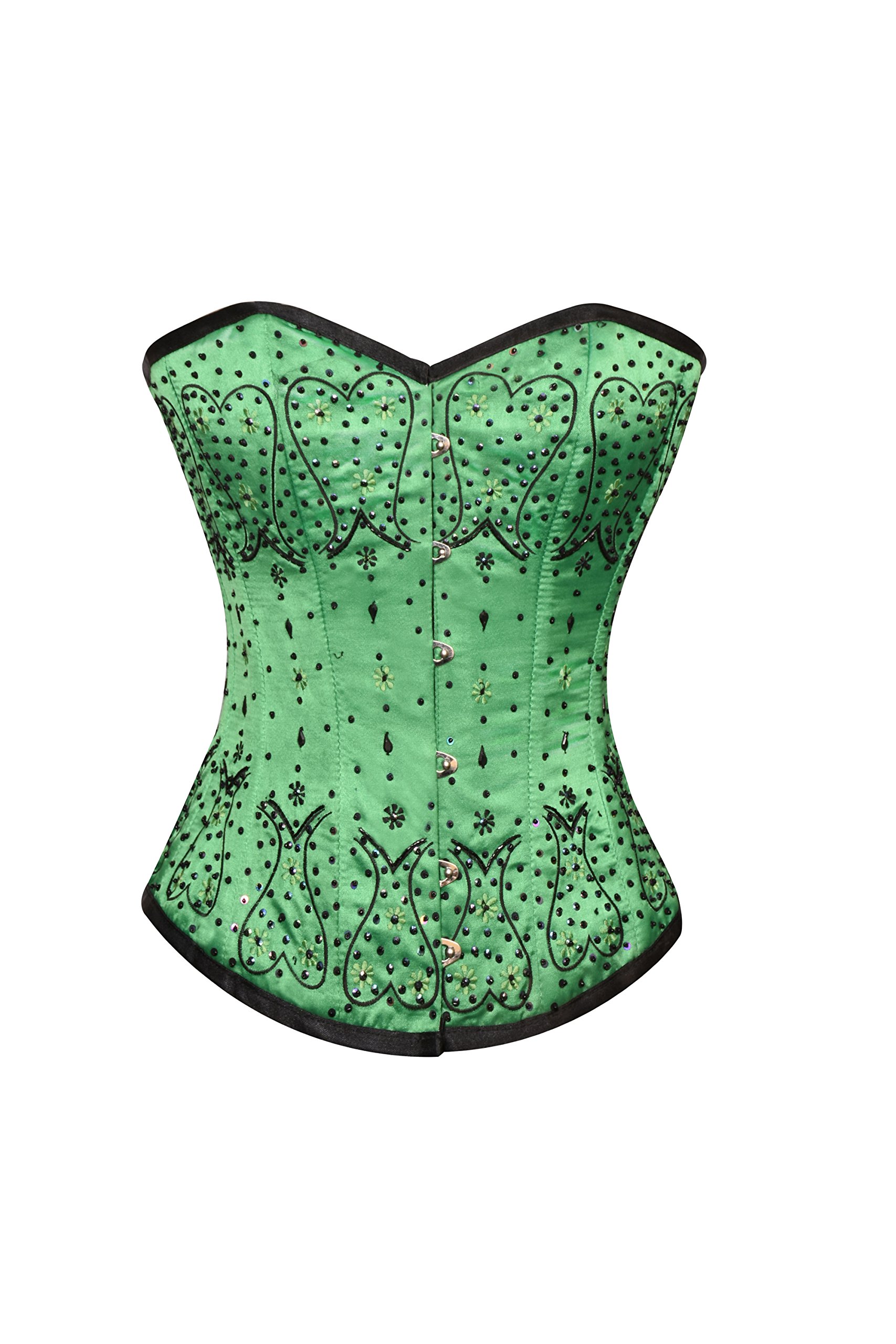 Elegant Green Satin Black Sequin Corset Top - Halloween Party Prom Dress, Overbust Bodyshaper for Women | Perfect for Cosplay, Burlesque Shows & Evening Events