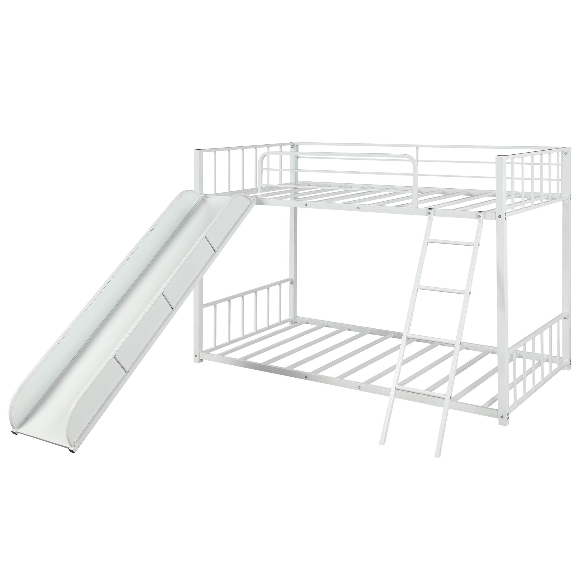 KLMM Heavy Duty Metal Bunk Bed with Slide & Safety Guard Rails - Twin Size Kids/Teens Bed Frame with Inclined Ladder - Perfect for Small Bedrooms, Shared Kids Rooms & Sleepovers