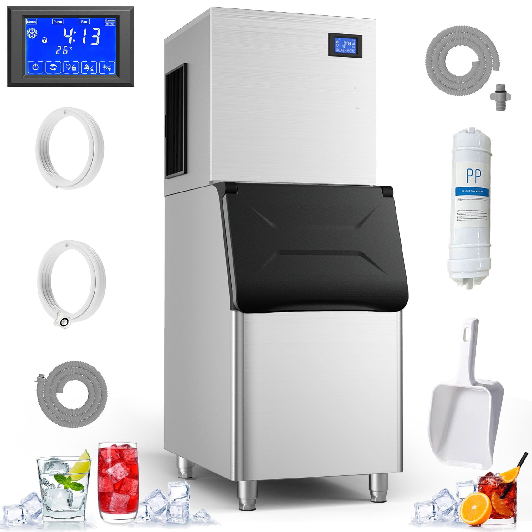380 Lbs/24H Commercial Ice Maker Machine - Industrial Ice Maker with 350LBS Storage, Ready in 7-11 Minutes for Restaurants, Bars, and Catering Services