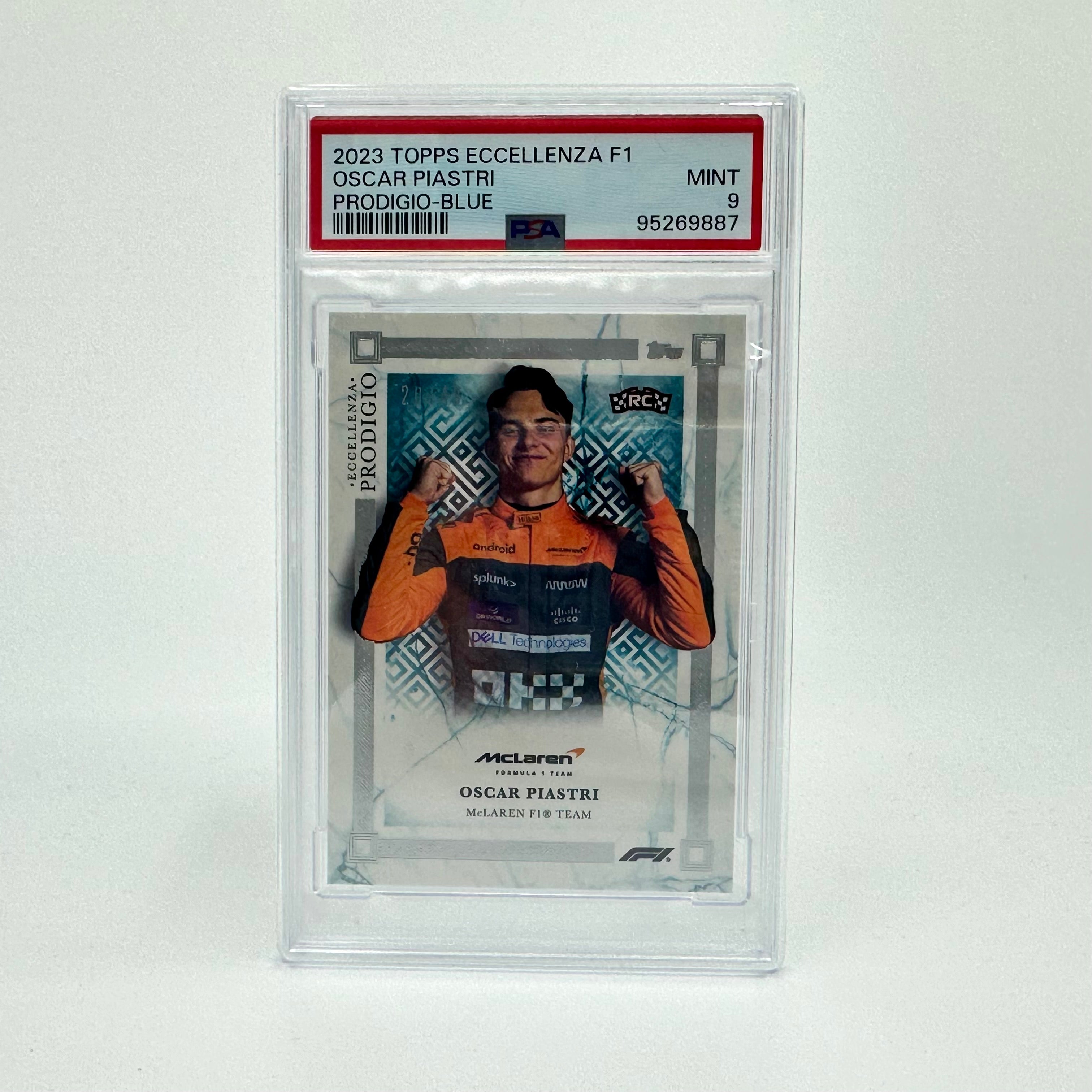 PSA 9 Graded 20/49 Oscar Piastri Blue 2023 Eccellenza Prodigio Rookie Card - Perfect for Sports Collectors & F1 Racing Fans Display