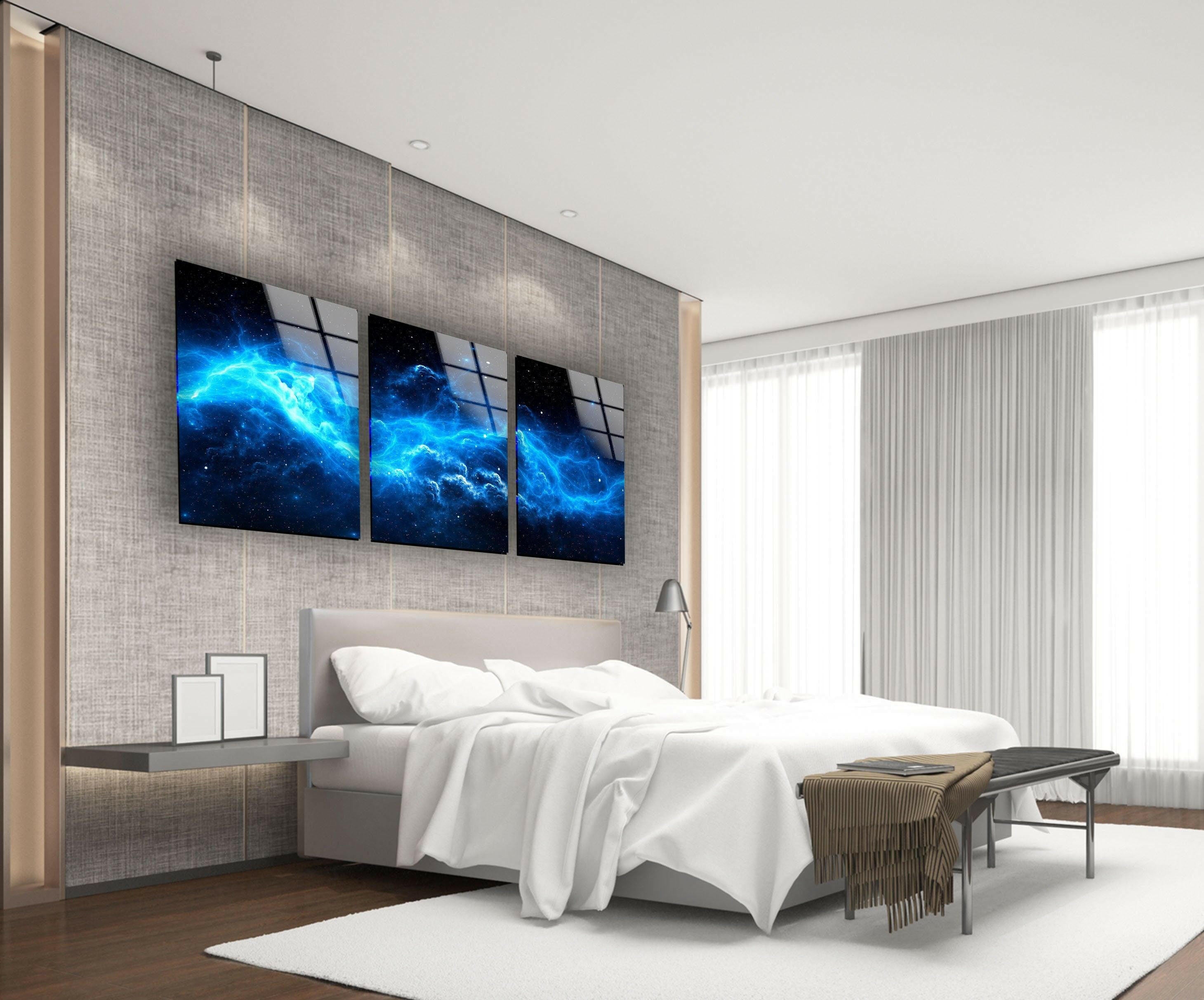 Blue Starry Cloudy Galaxy Glass Wall Art - Handmade Celestial Decor for Living Room, Bedroom & Office - Perfect for Home & Office Décor