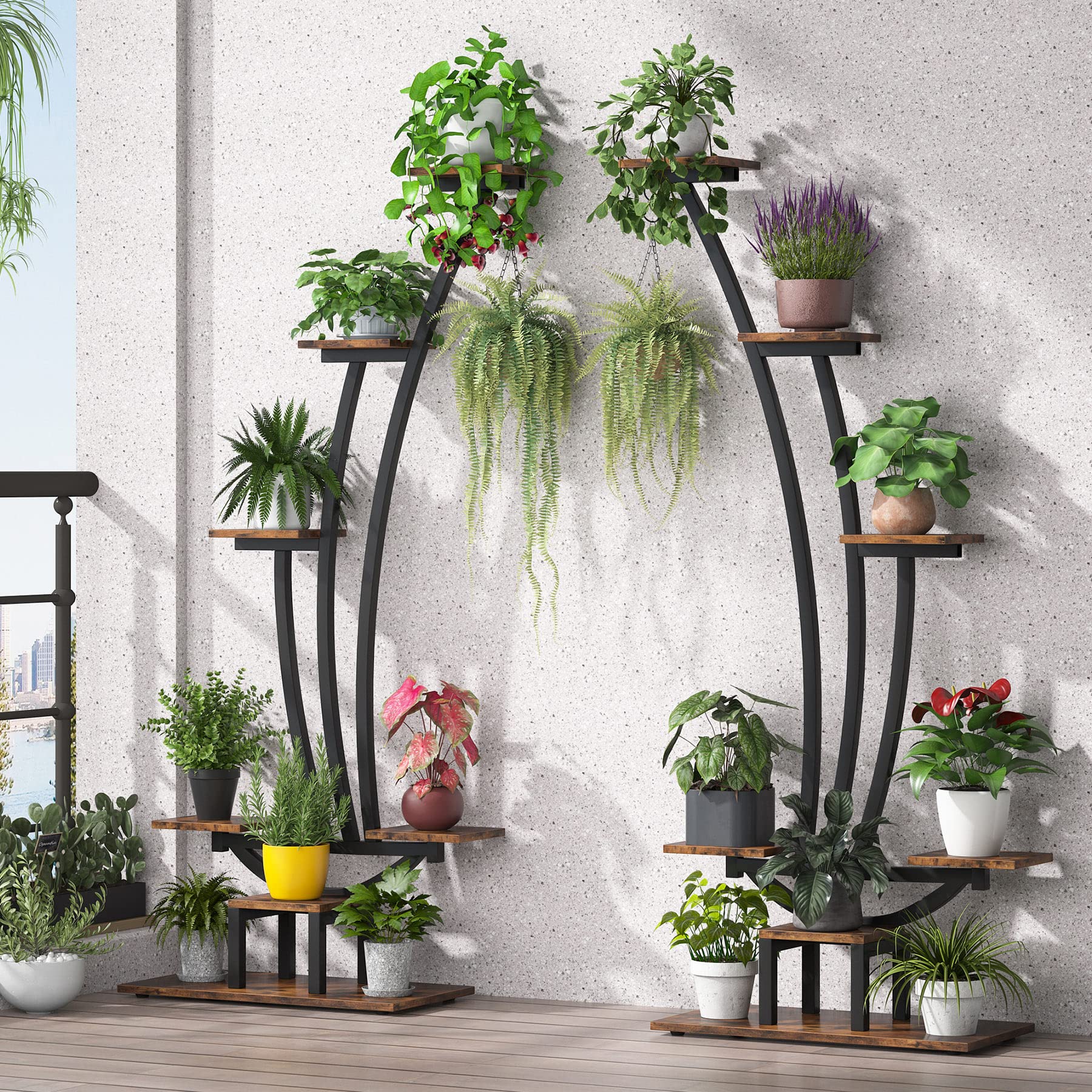 Tribesigns 6-Tier Tall Indoor Plant Stand - Set of 2 Metal Curved Display Shelves with Hanging Hooks for Bonsai, Flower Pots & Home Decor - Perfect for Living Room, Garden, Balcony & Indoor Plants Organization