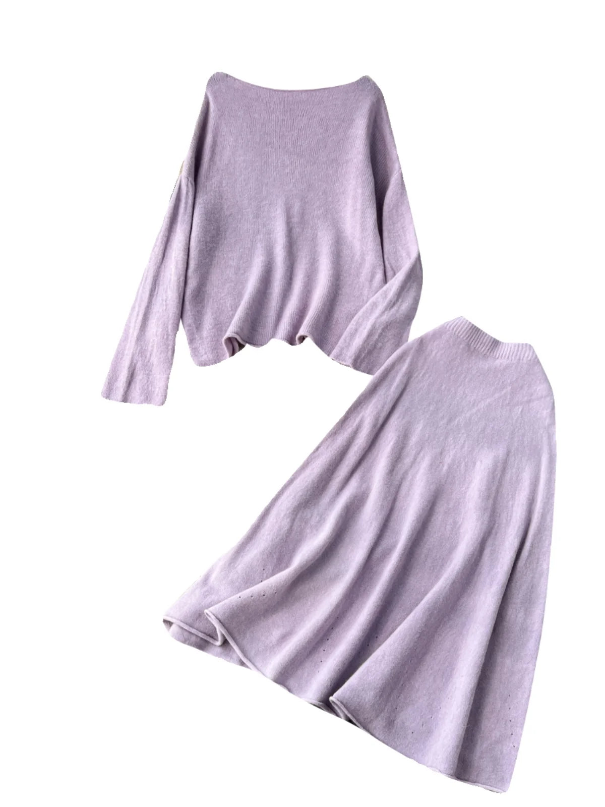 Women's Autumn Winter Knit Two Piece Set - Long Sleeve Pullover Top & High Waist Midi Skirt in White & Purple | Office Wear, Casual Outfits, Holiday Party Outfits