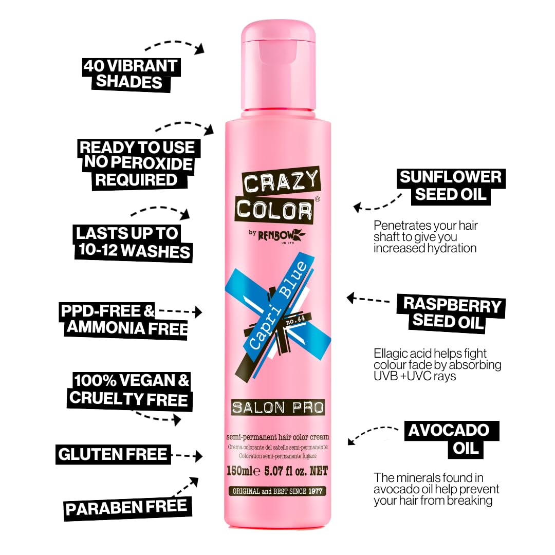 Crazy Color Salon Pro Semi-Permanent Hair Dye - 5.07 oz Vibrant Capri Blue for Women | Long-Lasting Vegan Hair Color | Perfect for Parties, Cosplay & Bold Fashion Statements