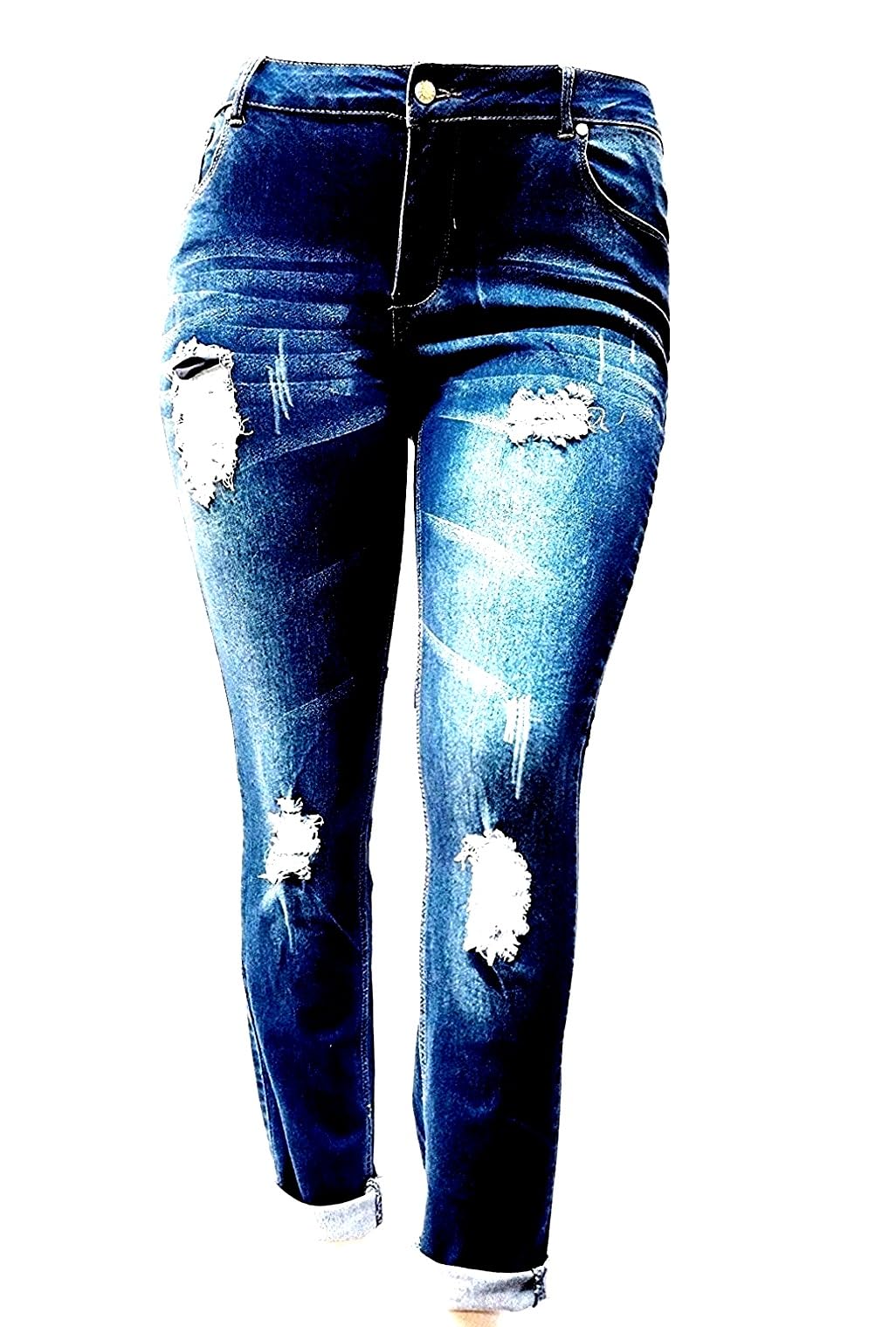 Jack David Women's Plus Size Ripped Destroy Blue Denim Distressed Stretch Jeans - High Waisted Skinny Pants for Casual Wear & Street Style Outfits