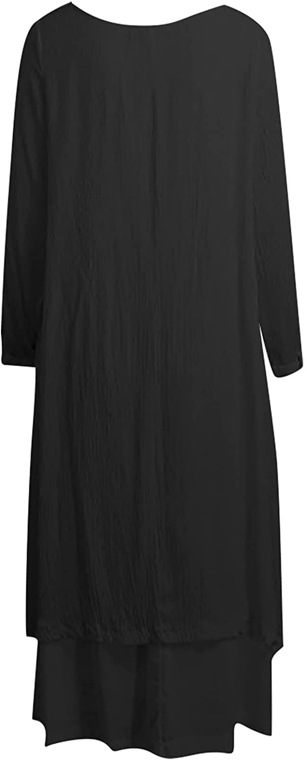 Women's Plus Size Cotton Linen Boho Dress - Long Sleeve Loose Caftan with Irregular Double Layer Design for Beach, Vacation & Summer Outfits