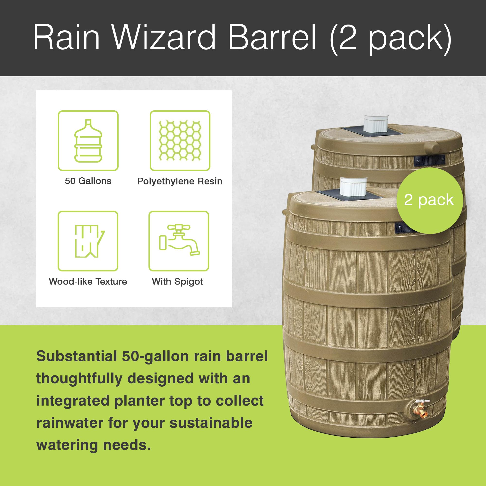 Good Ideas Rain Wizard 50 Gallon Plastic Rain Barrel with Brass Spigot - Water Collector for Garden & Outdoor Use (Khaki, 2 Pack) - Perfect for Eco-Friendly Water Conservation & Landscaping