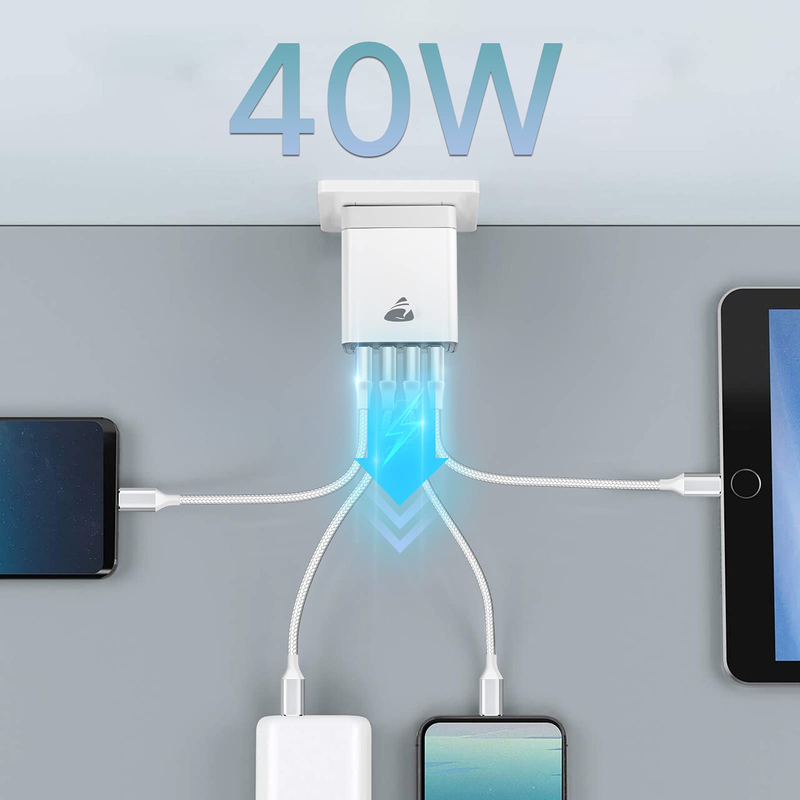 Aioneus 40W 4-Port USB Wall Charger Fast Charging Block - Multi Port Cube Power Adapter for iPhone 15/14/13/12/11 Pro Max/XS/XR/8, Samsung Galaxy & Android Phones - Perfect for Home, Office & Travel Charging Needs