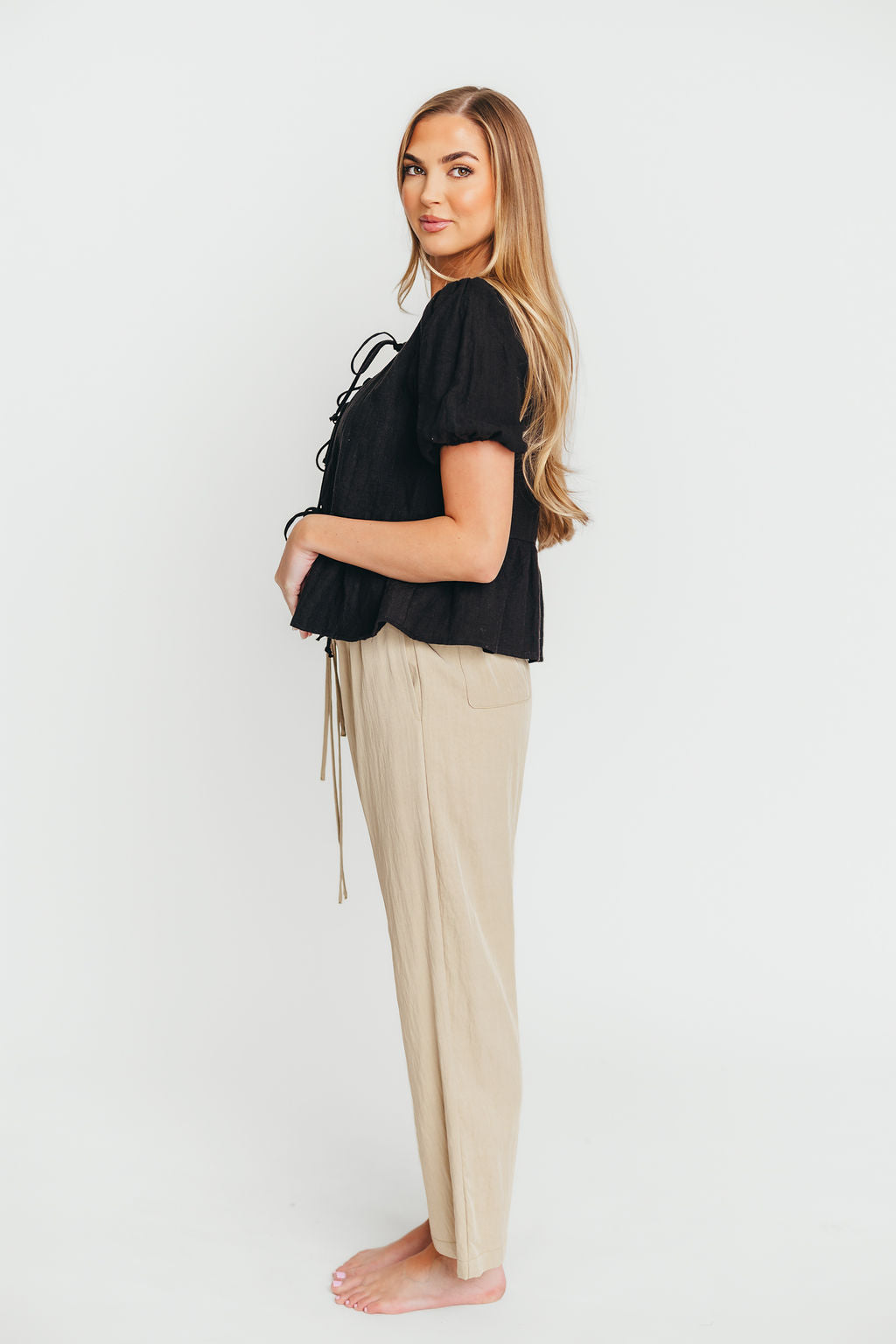 Mylie Tie Top Woven Blouse - Women's Black Button-Up Shirt for Work, Office & Casual Outfits | Stylish & Comfortable Summer Fashion Top