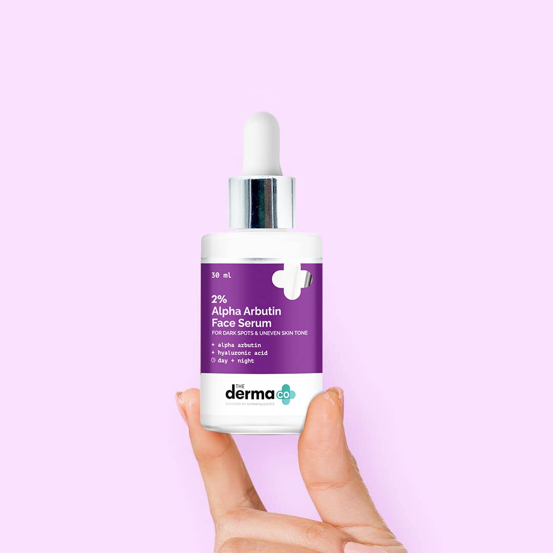 The Derma Co 2% Alpha Arbutin Face Serum for Dark Spots & Hyperpigmentation Treatment | Brightening Serum for Uneven Skin Tone with Hyaluronic Acid | Reduces Melanin Production for Radiant Glow | Vegan & Cruelty-Free Skincare (30ml) | Perfect for Daily Use & Nighttime Skincare Routine