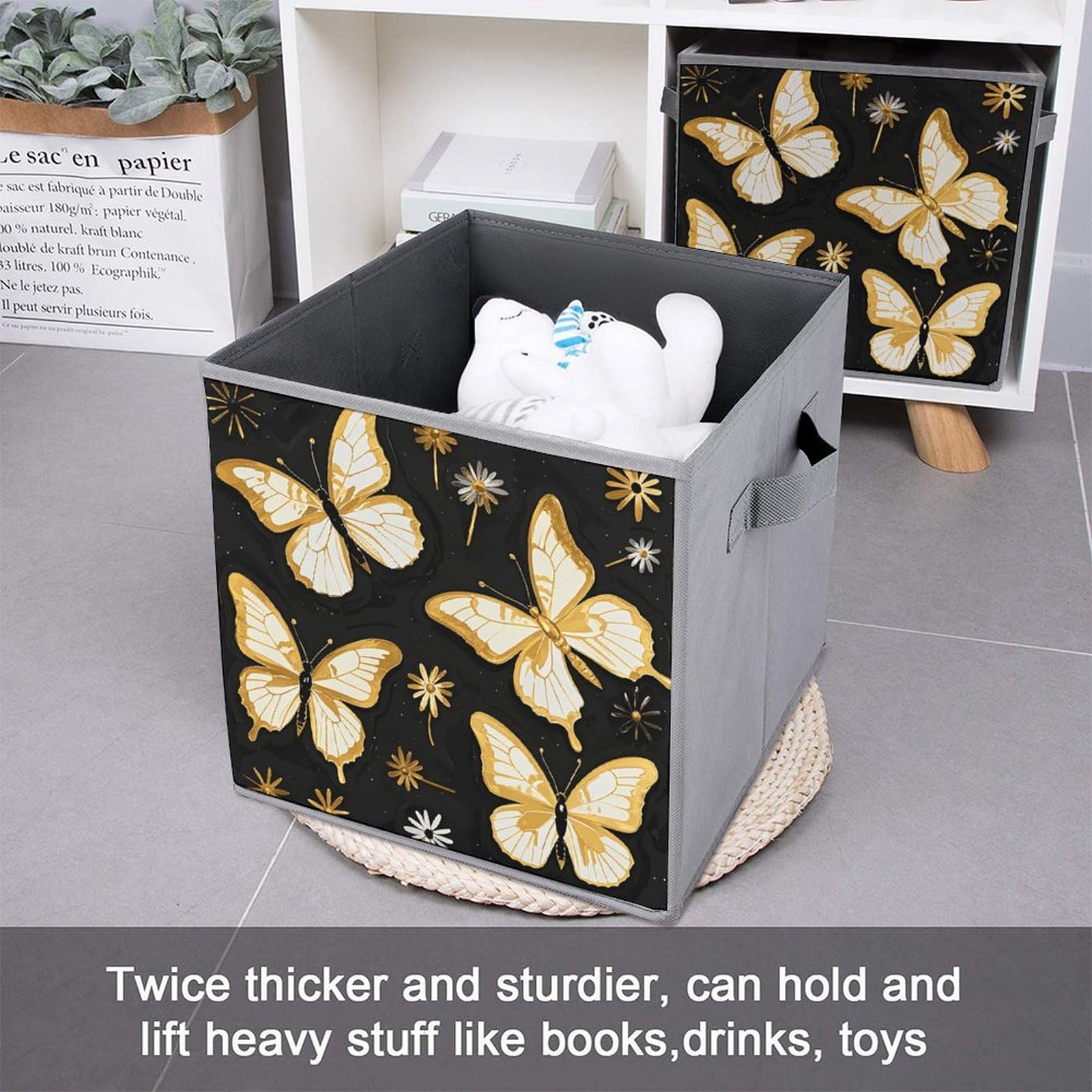 6-Piece Collapsible Storage Bins with Handles - Gold White Butterfly & Black Print Fabric Organizer Boxes for Shelves, Closet, Bathroom | Space-Saving Foldable Storage Baskets for Home Organization