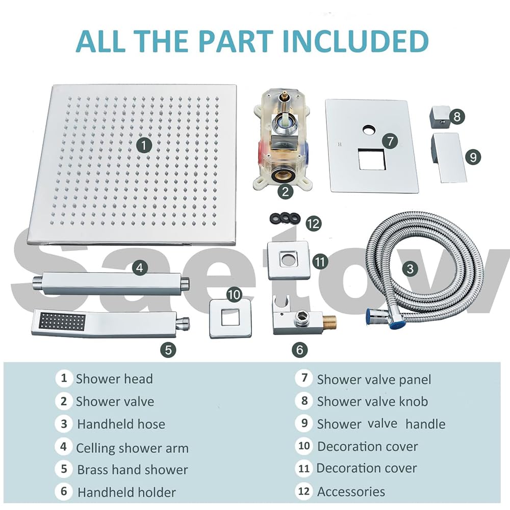 12 Inch LED Rainfall Shower Head System with Handheld Spray - Ceiling Mount Chrome Shower Faucet Set Including Rough-in Valve & Trim - Perfect for Modern Bathroom & Spa Experience
