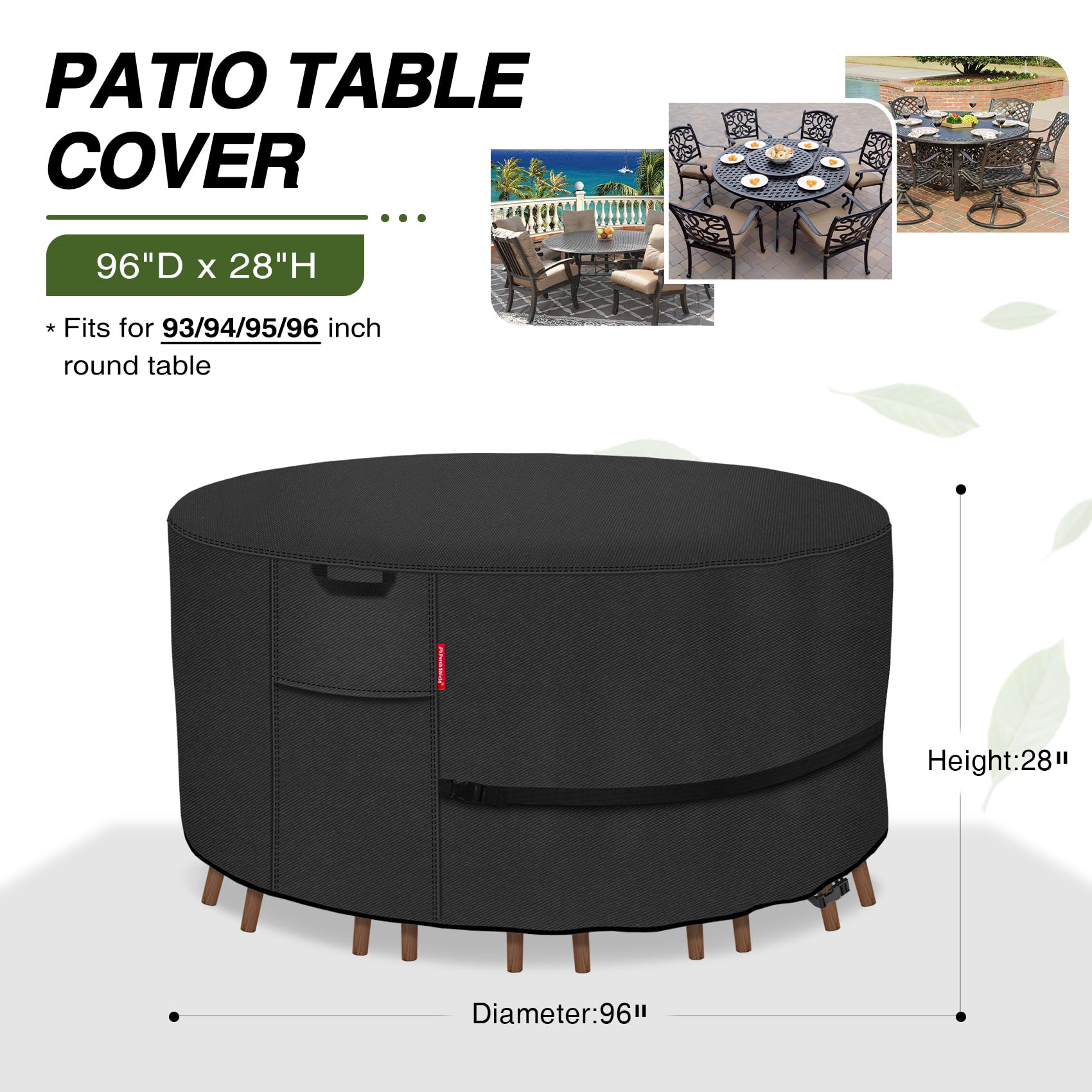 Waterproof 600D Heavy Duty Round Patio Furniture Cover - 96 Inch Outdoor Table and Chairs Protector for Porch, Deck, Garden (Black) | All-Weather Protection for Rain, Snow & UV Rays