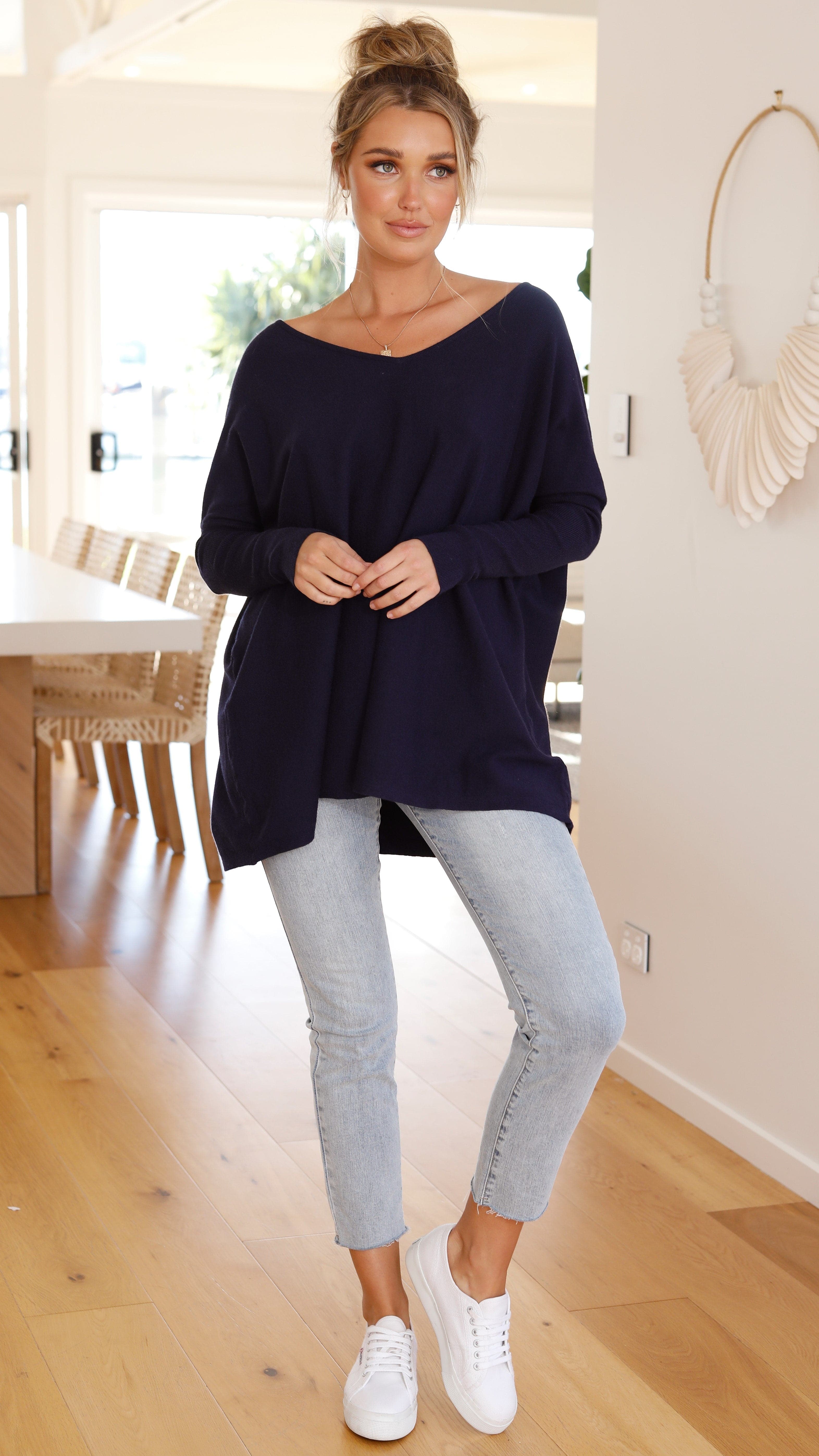 Amalia Knit Top for Women - Soft & Comfortable Navy Blue Crewneck T-Shirt - Perfect for Casual Wear, Layering & Everyday Outfits